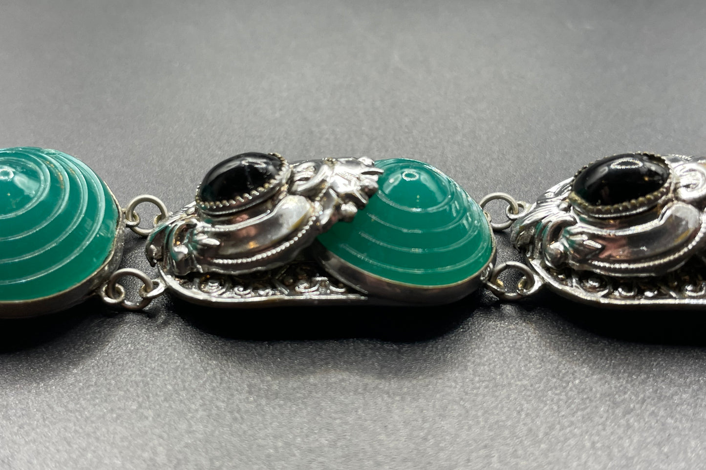 Vintage Art Deco emerald green moulded glass, black glass cabochon and silver tone bracelet - replacement rhinestone clasp