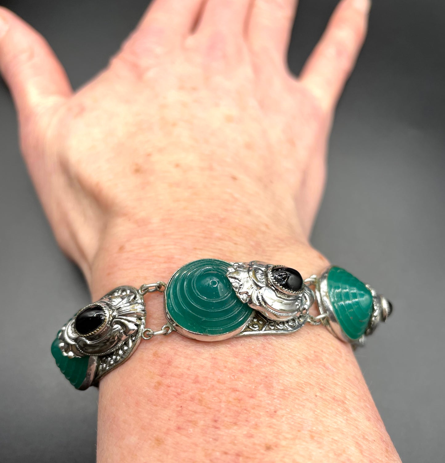 Vintage Art Deco emerald green moulded glass, black glass cabochon and silver tone bracelet - replacement rhinestone clasp