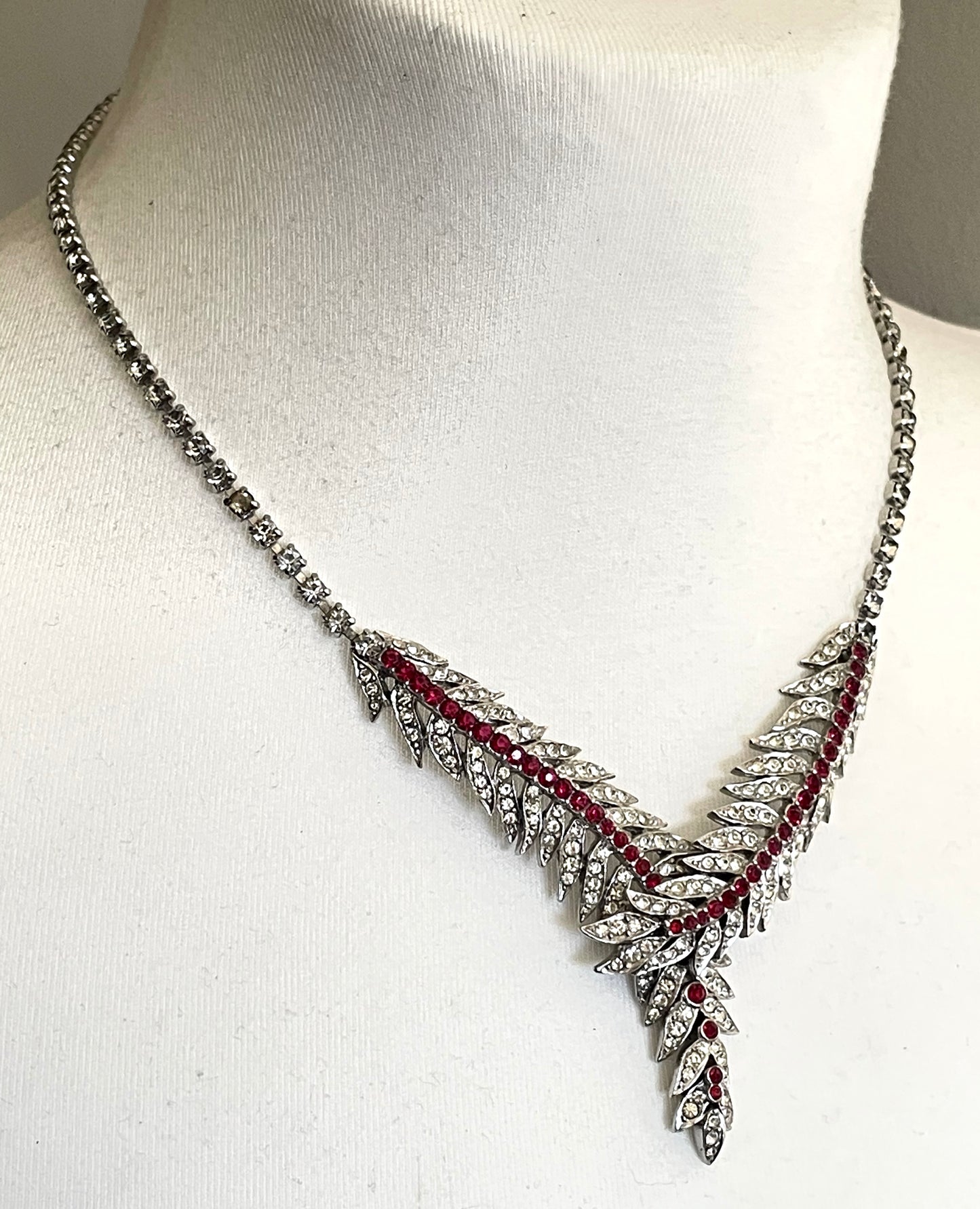 Vintage Marcel Boucher Le Couturier #3260 ruby red & clear rhinestone leaf lariat necklace, silver tone, unusual front popper fastening, signed LeC