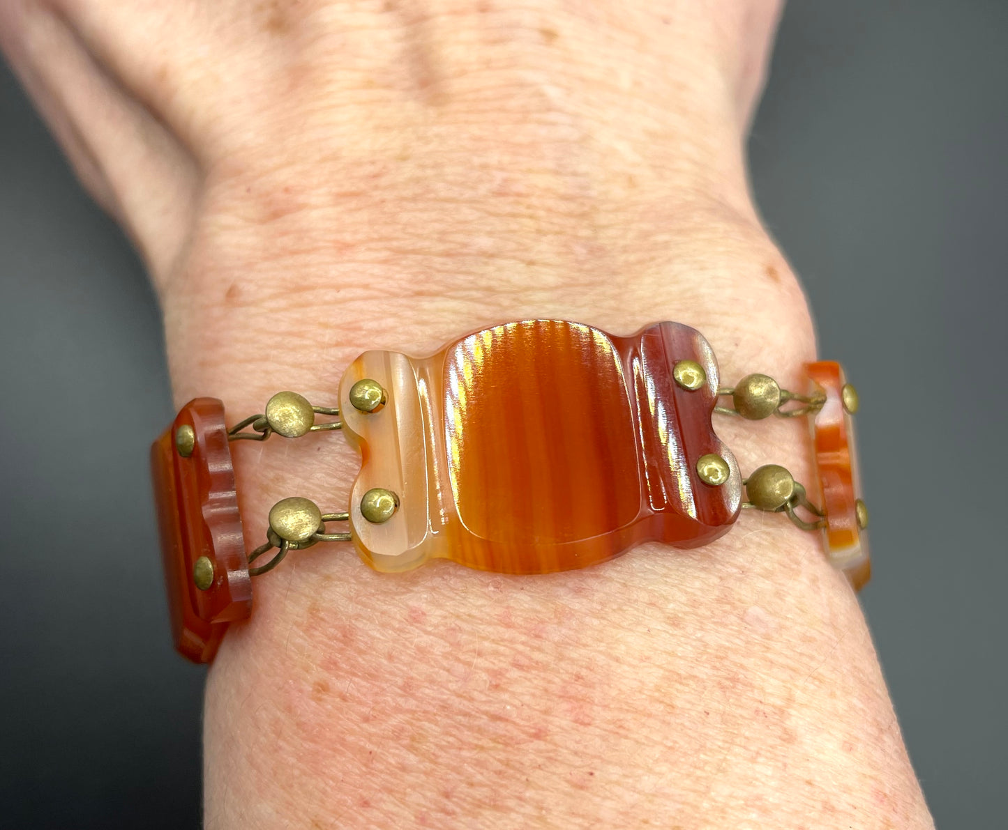 Antique Victorian carnelian agate carved panel Scottish style bracelet, beautiful gemstones, please read description for condition