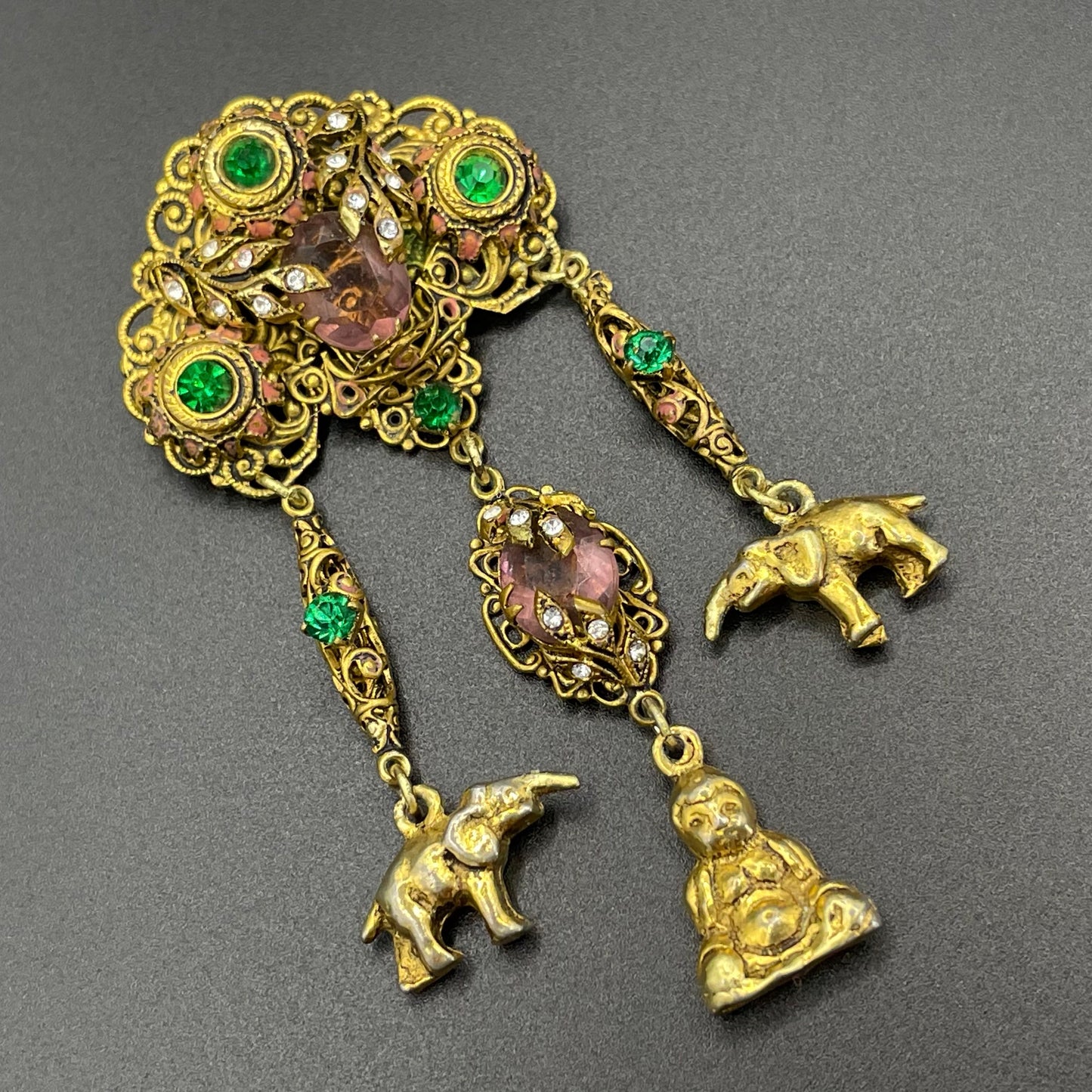 Vintage Art Deco chatelaine style brooch, Neiger style, certainly Czech, unusual elephant & buddha charms, suffragette colour rhinestones