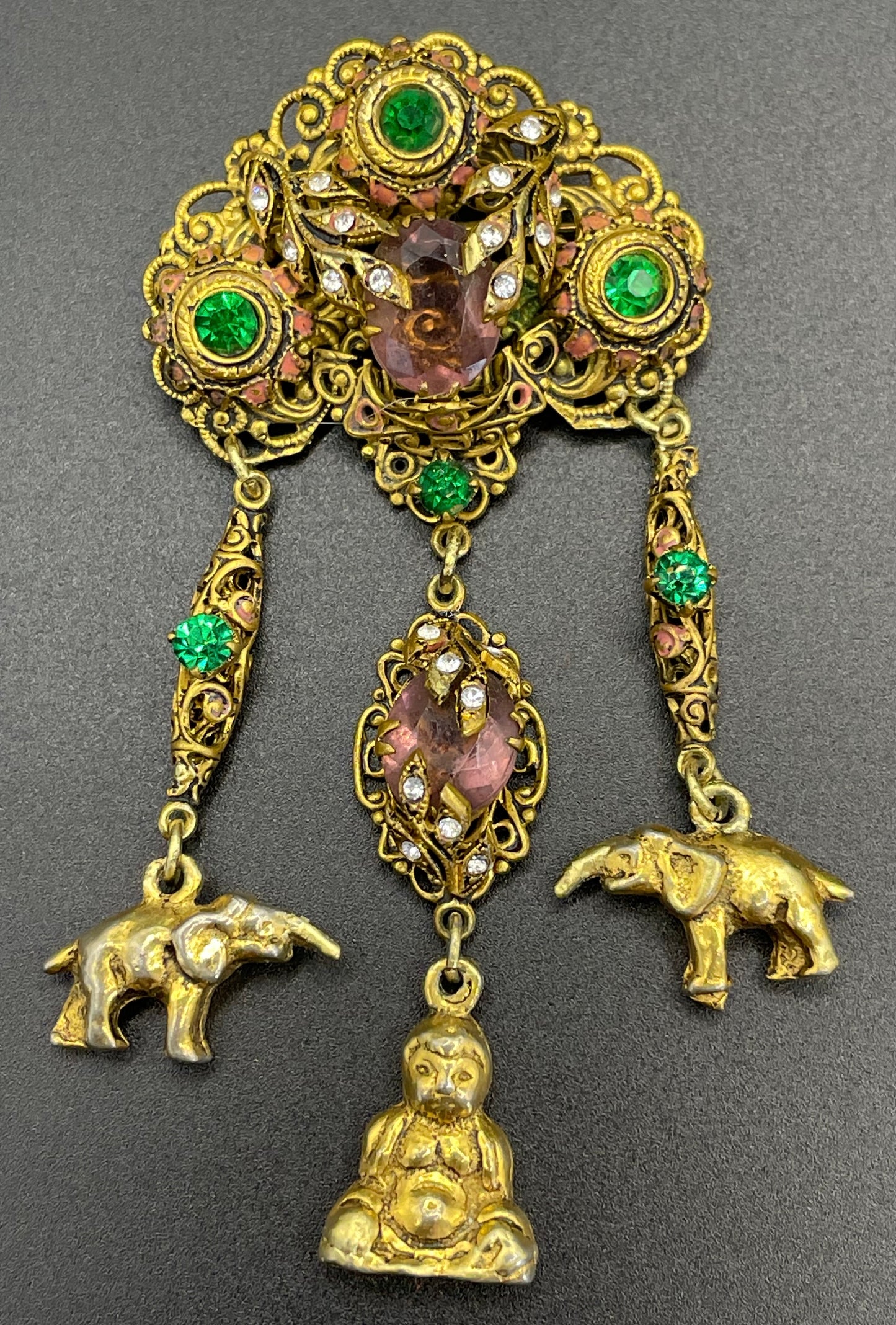 Vintage Art Deco chatelaine style brooch, Neiger style, certainly Czech, unusual elephant & buddha charms, suffragette colour rhinestones
