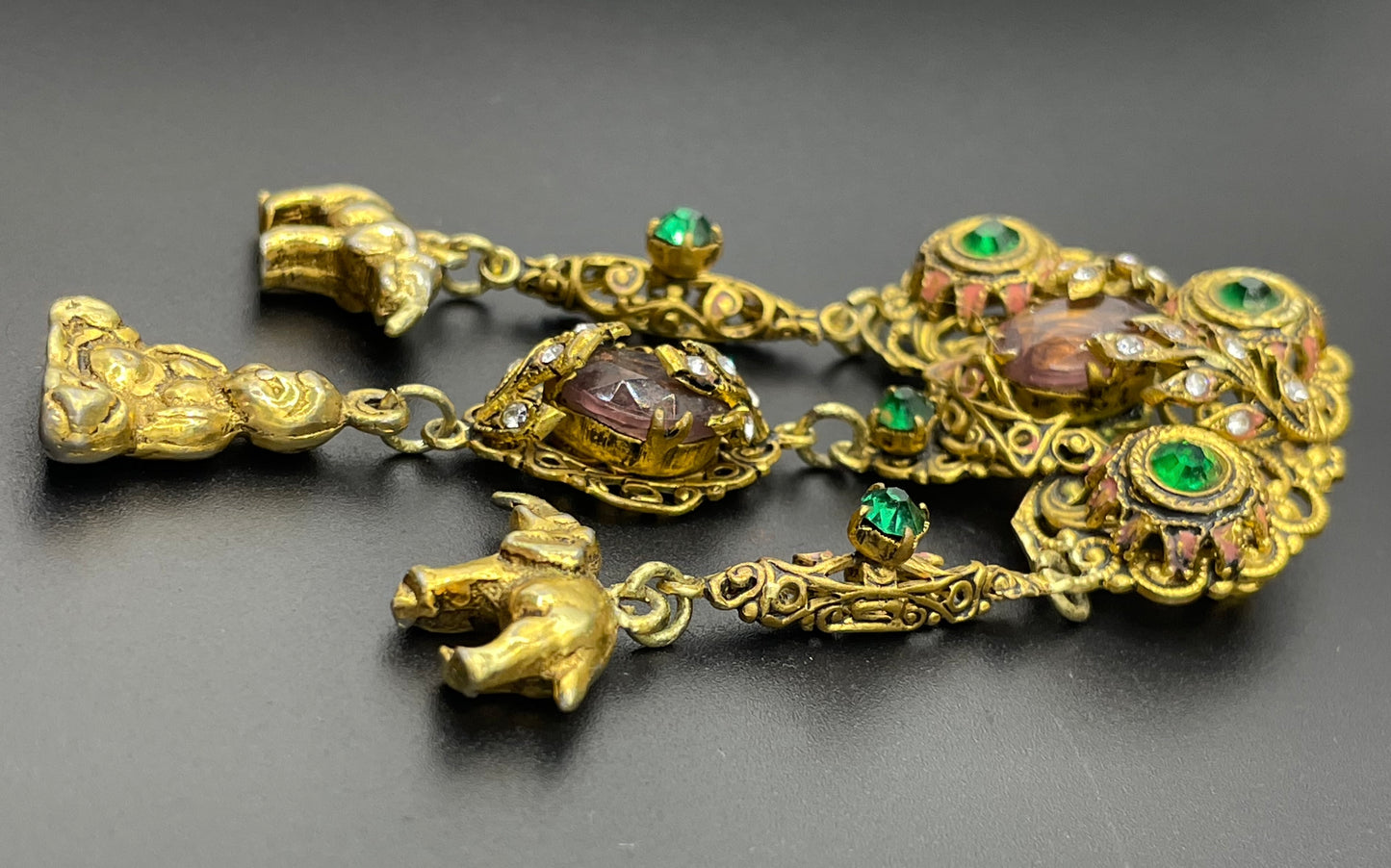 Vintage Art Deco chatelaine style brooch, Neiger style, certainly Czech, unusual elephant & buddha charms, suffragette colour rhinestones