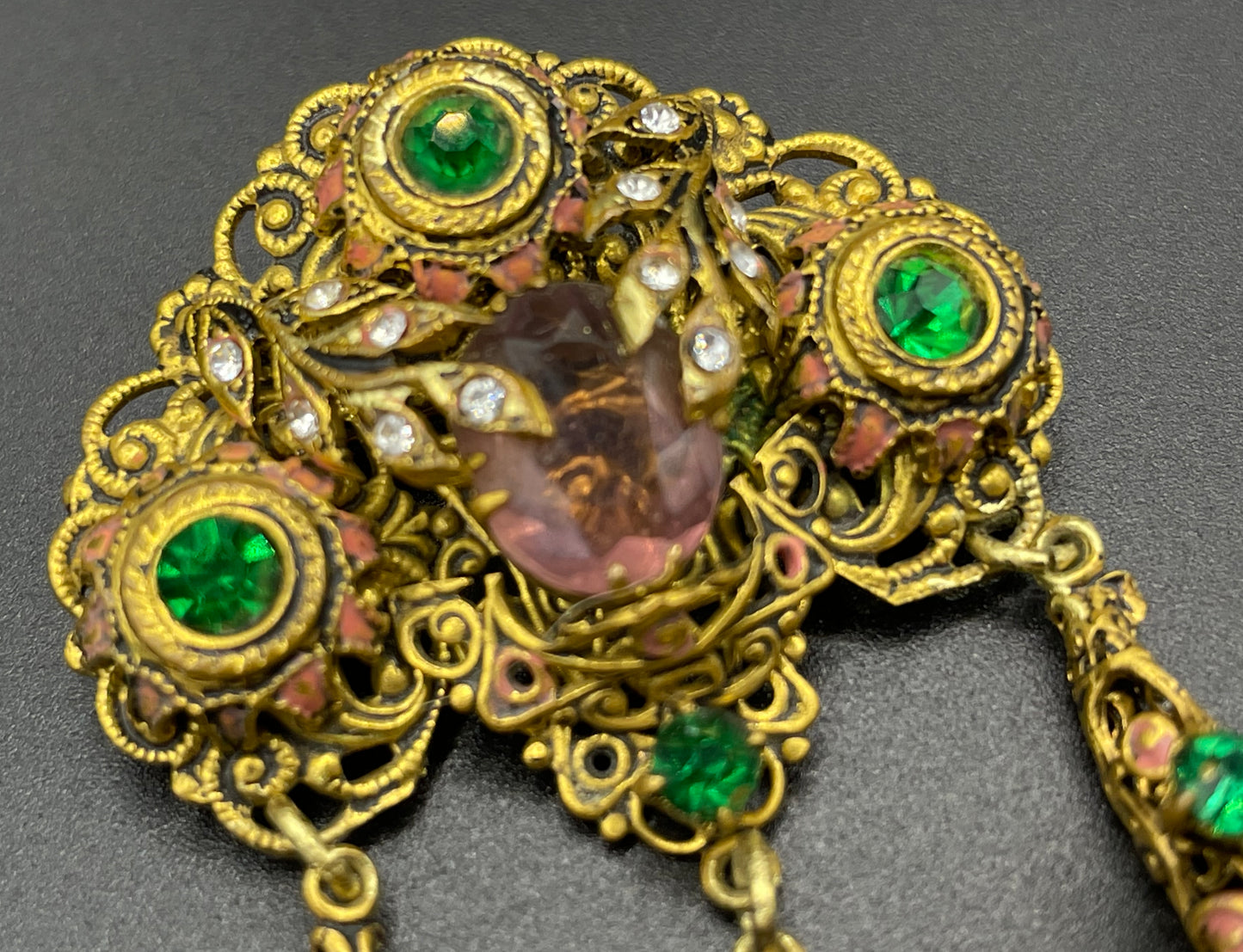 Vintage Art Deco chatelaine style brooch, Neiger style, certainly Czech, unusual elephant & buddha charms, suffragette colour rhinestones