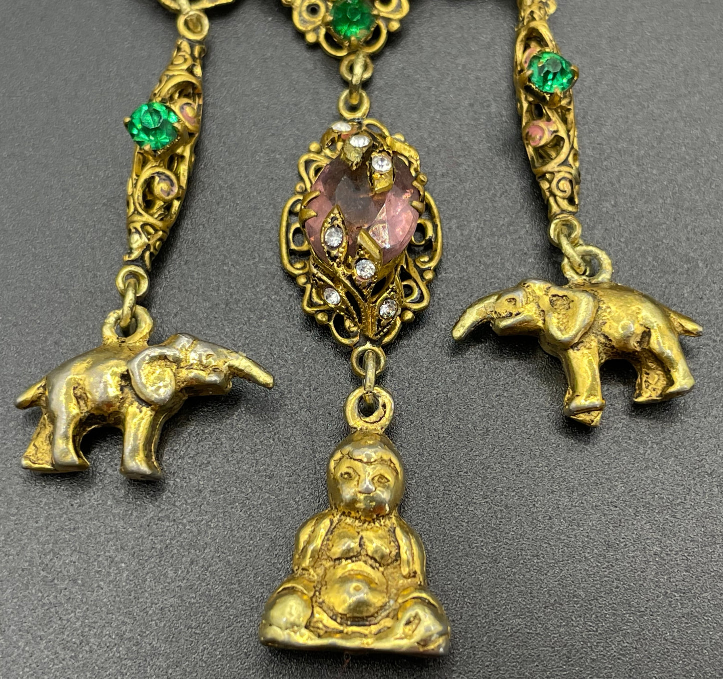 Vintage Art Deco chatelaine style brooch, Neiger style, certainly Czech, unusual elephant & buddha charms, suffragette colour rhinestones