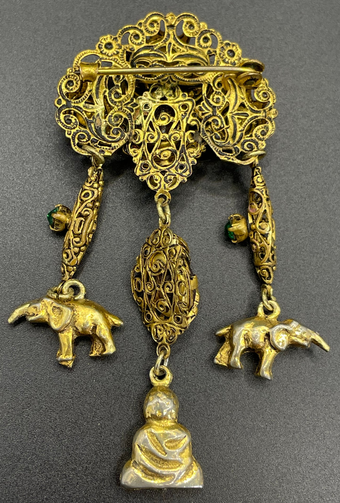 Vintage Art Deco chatelaine style brooch, Neiger style, certainly Czech, unusual elephant & buddha charms, suffragette colour rhinestones
