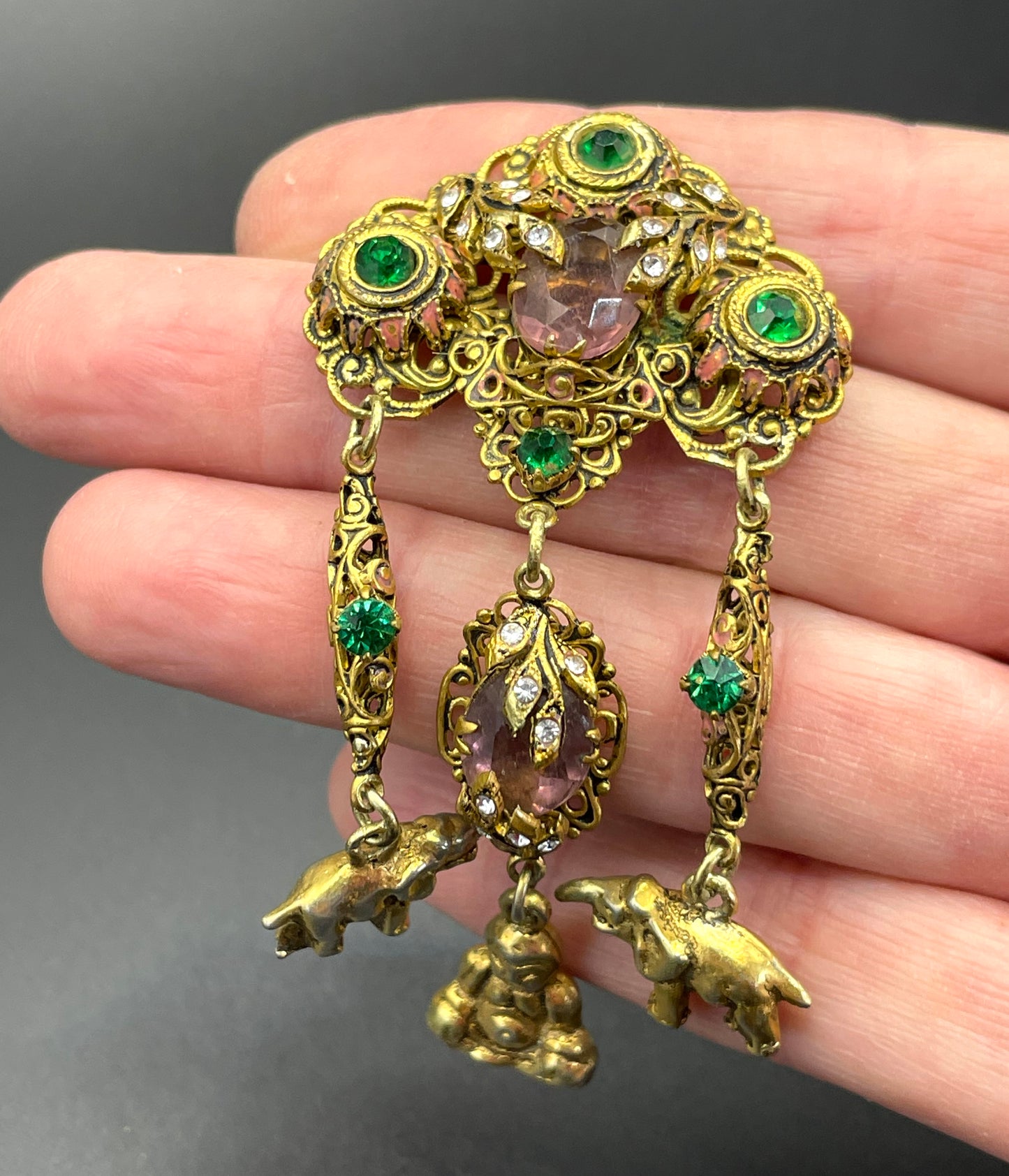 Vintage Art Deco chatelaine style brooch, Neiger style, certainly Czech, unusual elephant & buddha charms, suffragette colour rhinestones