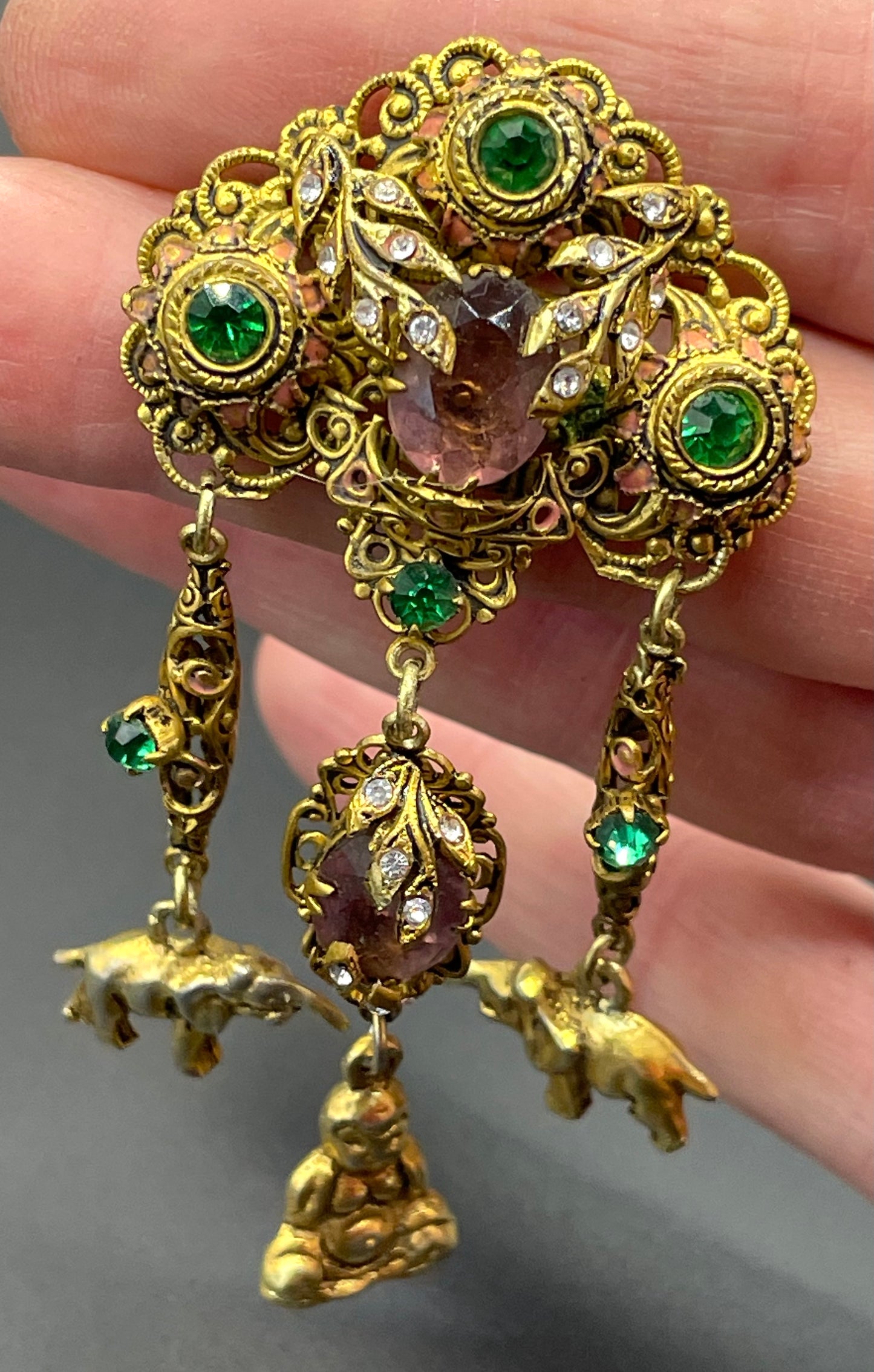 Vintage Art Deco chatelaine style brooch, Neiger style, certainly Czech, unusual elephant & buddha charms, suffragette colour rhinestones