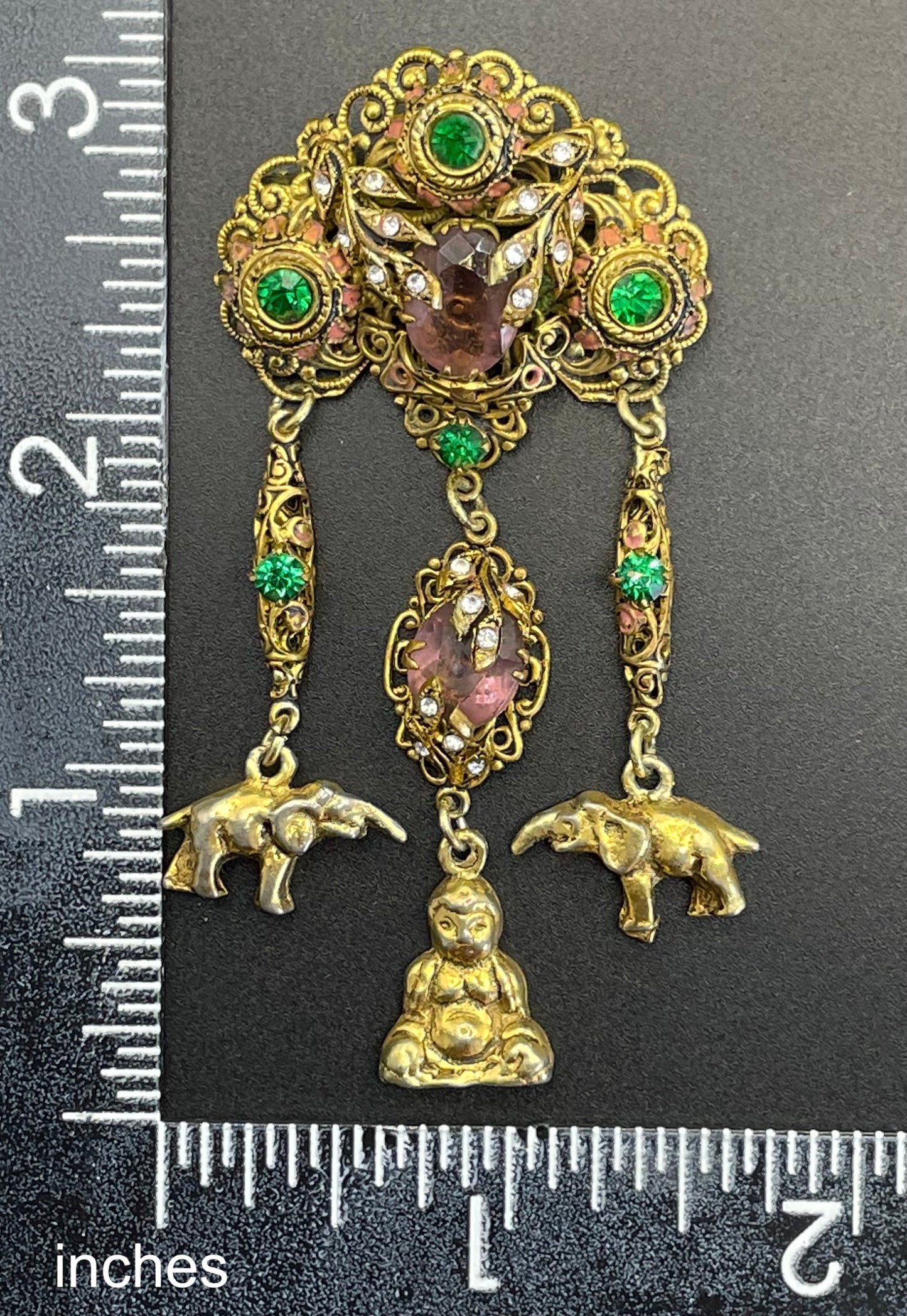 Vintage Art Deco chatelaine style brooch, Neiger style, certainly Czech, unusual elephant & buddha charms, suffragette colour rhinestones