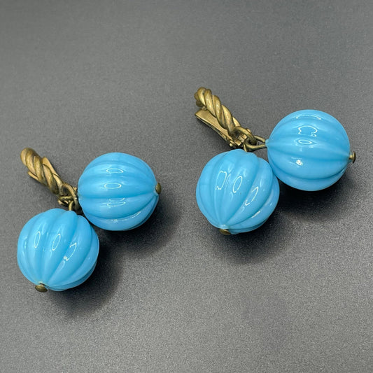 Vintage blue poured glass melon pumpkin bead and gold tone clip on earrings, beautiful pale blue, sky blue colour