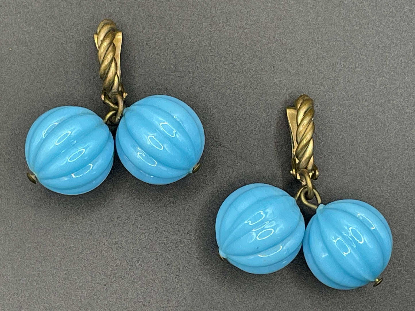 Vintage blue poured glass melon pumpkin bead and gold tone clip on earrings, beautiful pale blue, sky blue colour