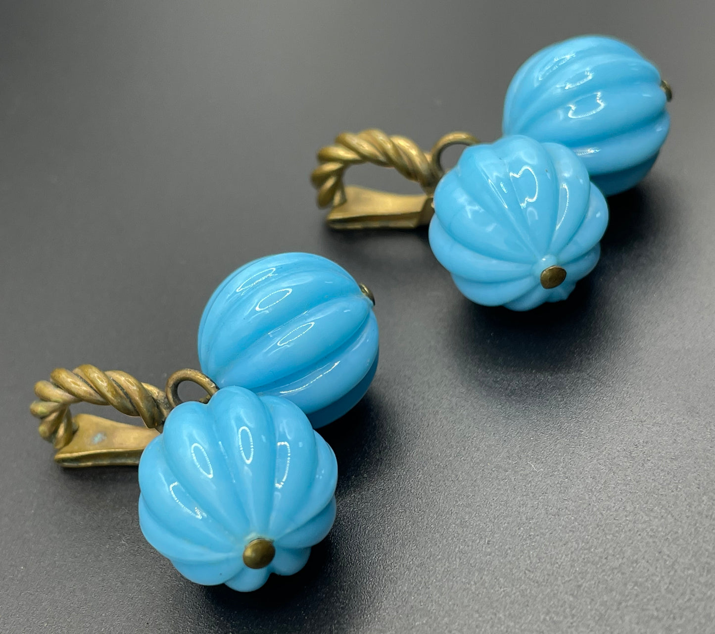 Vintage blue poured glass melon pumpkin bead and gold tone clip on earrings, beautiful pale blue, sky blue colour