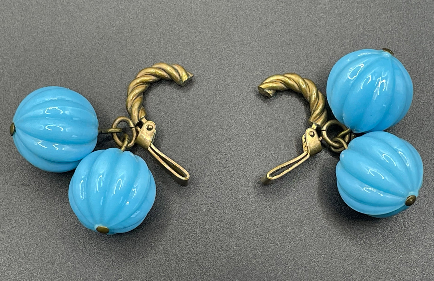 Vintage blue poured glass melon pumpkin bead and gold tone clip on earrings, beautiful pale blue, sky blue colour