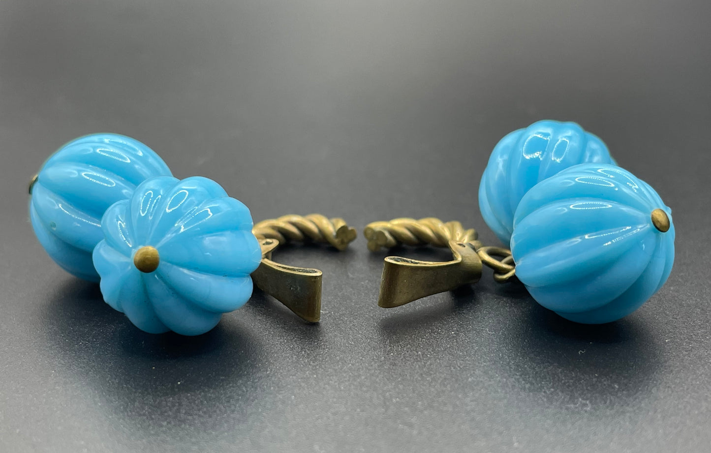 Vintage blue poured glass melon pumpkin bead and gold tone clip on earrings, beautiful pale blue, sky blue colour