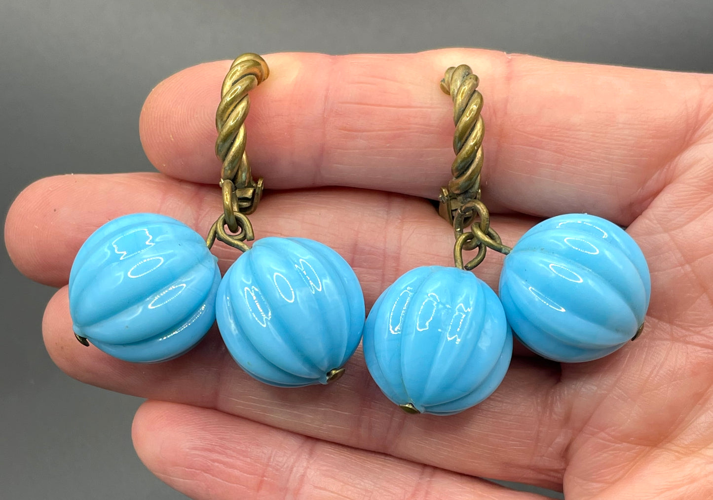 Vintage blue poured glass melon pumpkin bead and gold tone clip on earrings, beautiful pale blue, sky blue colour