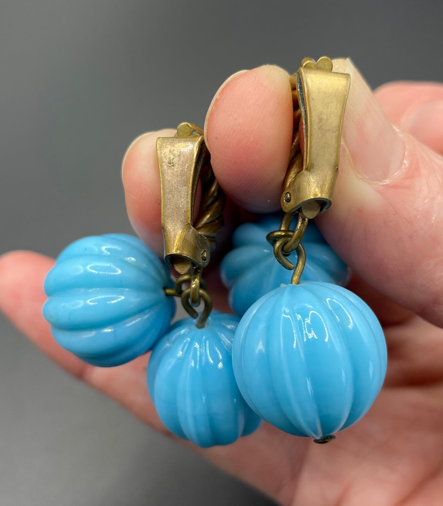 Vintage blue poured glass melon pumpkin bead and gold tone clip on earrings, beautiful pale blue, sky blue colour