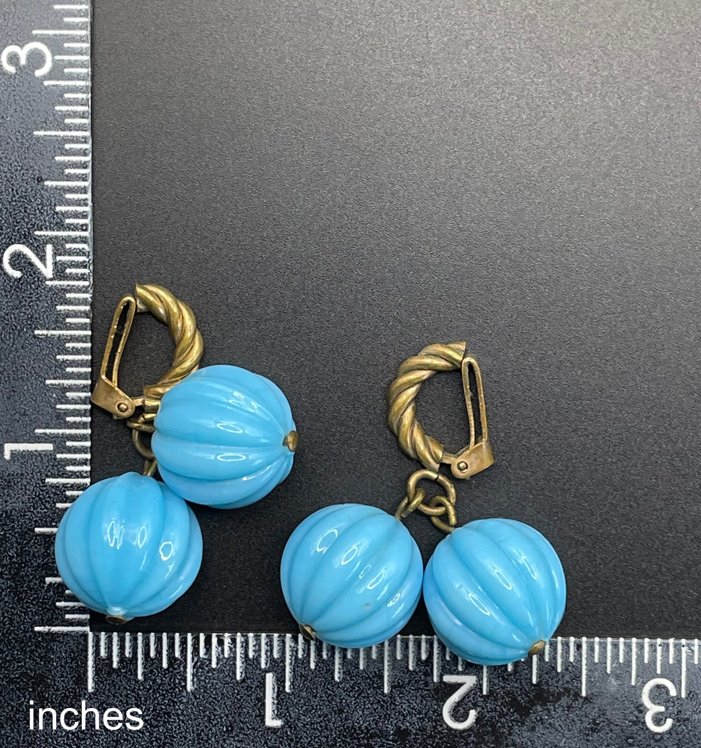 Vintage blue poured glass melon pumpkin bead and gold tone clip on earrings, beautiful pale blue, sky blue colour