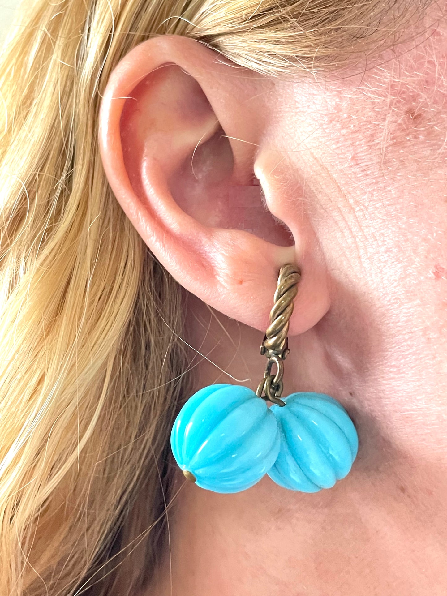 Vintage blue poured glass melon pumpkin bead and gold tone clip on earrings, beautiful pale blue, sky blue colour