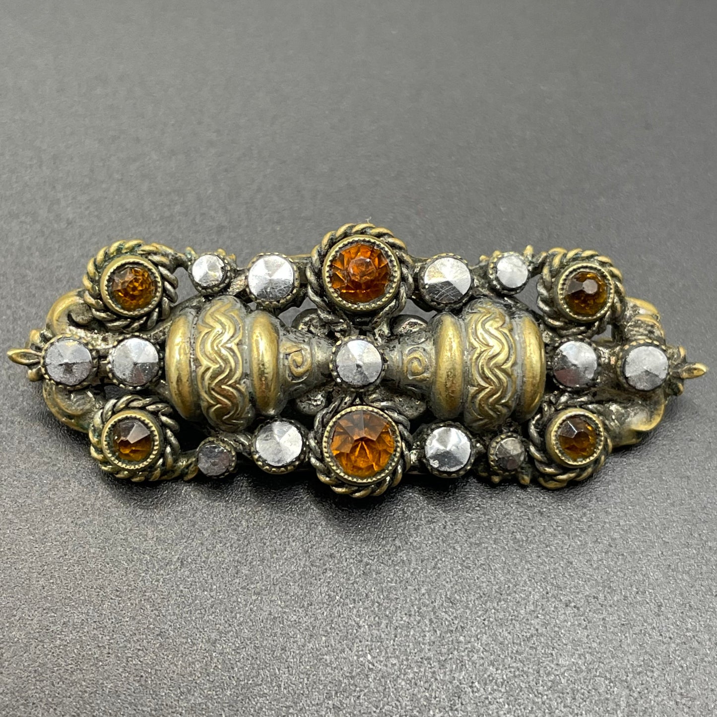 Vintage Art Deco Czech Neiger Brothers, Max Neiger gold tone petite brooch with faux marcasite stones and citrine coloured rhinestones