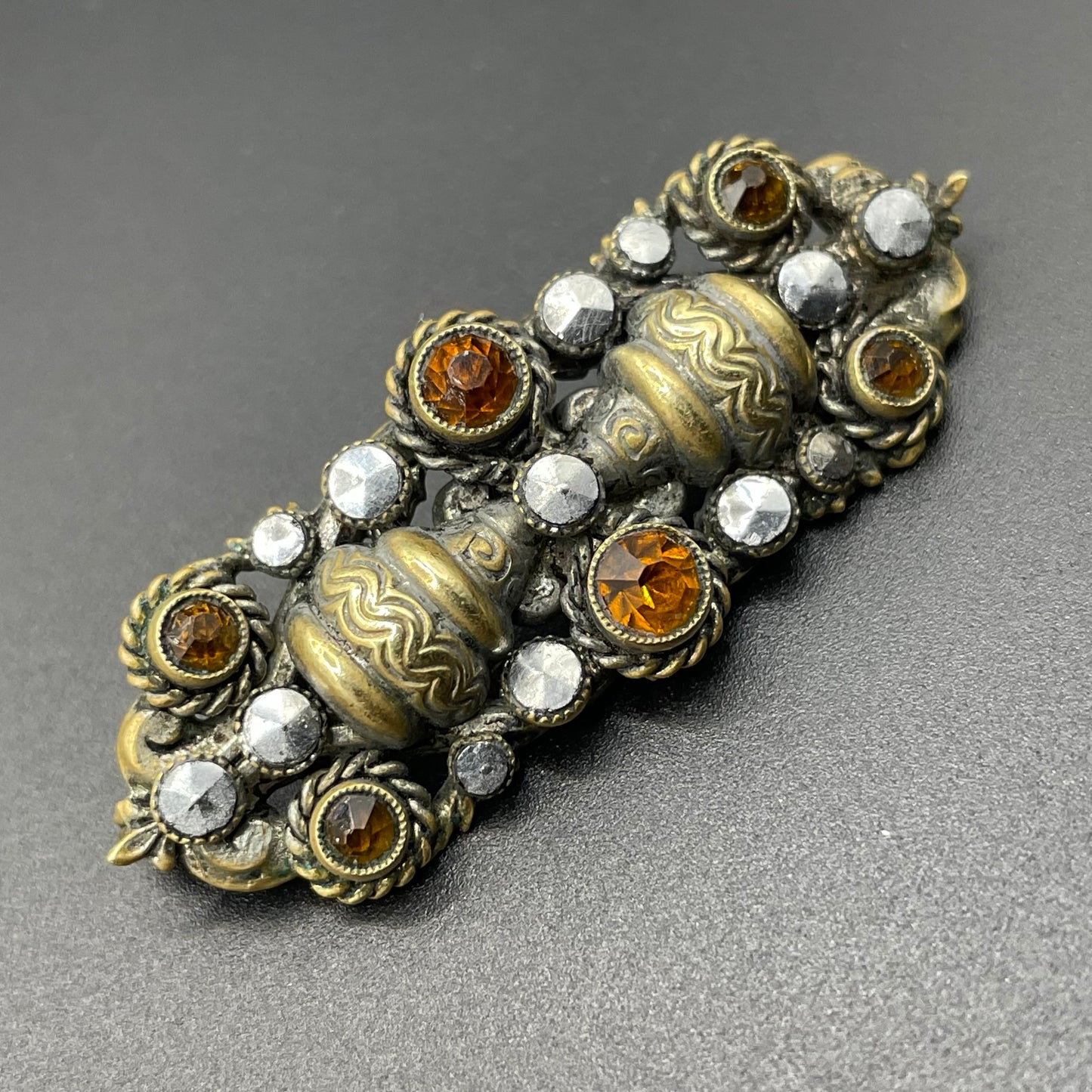 Vintage Art Deco Czech Neiger Brothers, Max Neiger gold tone petite brooch with faux marcasite stones and citrine coloured rhinestones