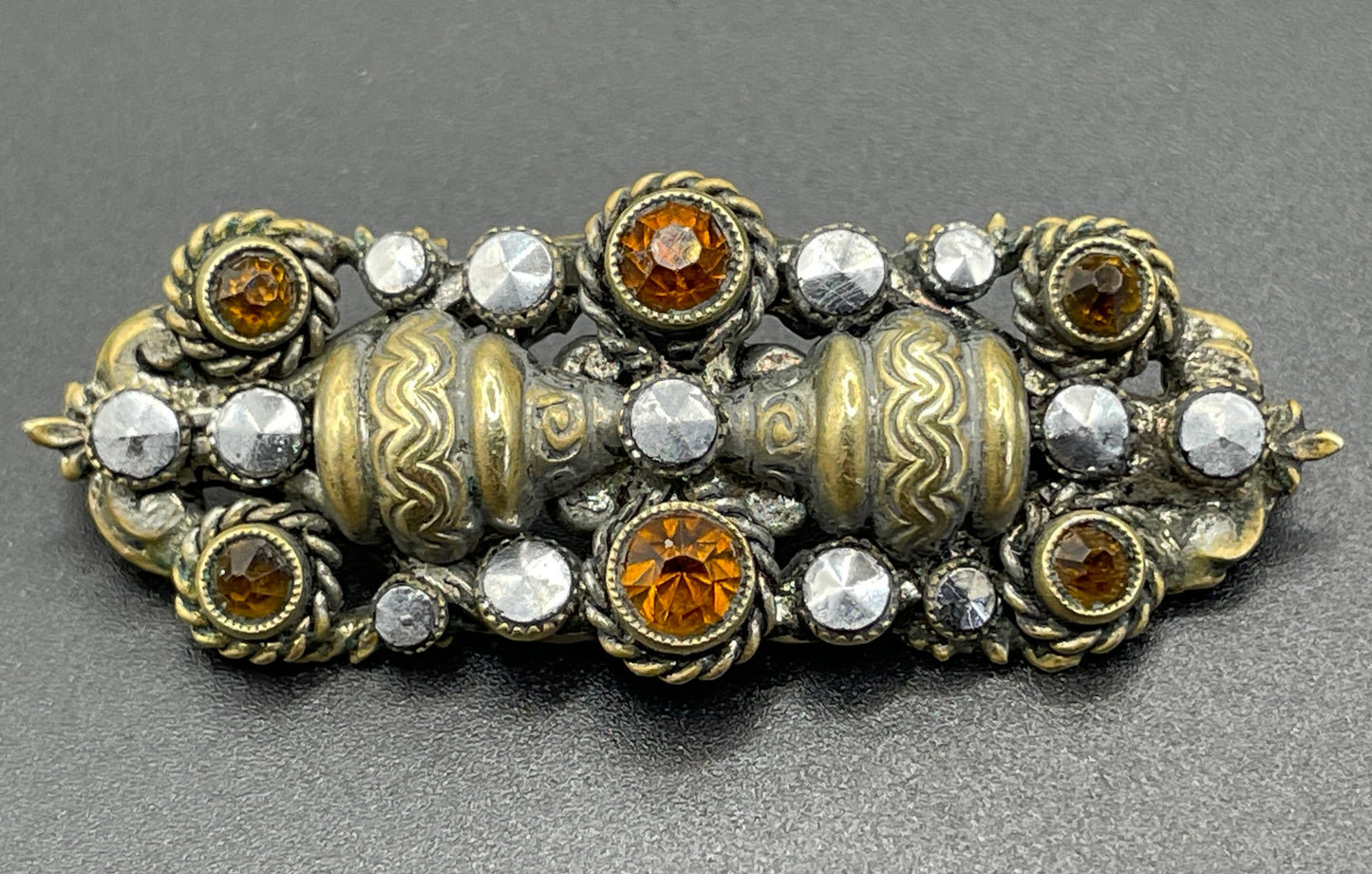 Vintage Art Deco Czech Neiger Brothers, Max Neiger gold tone petite brooch with faux marcasite stones and citrine coloured rhinestones