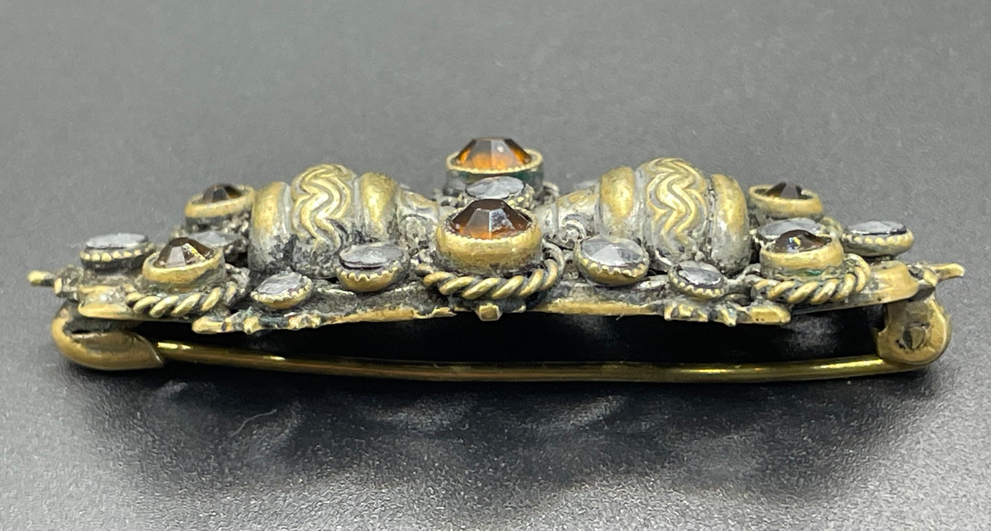 Vintage Art Deco Czech Neiger Brothers, Max Neiger gold tone petite brooch with faux marcasite stones and citrine coloured rhinestones