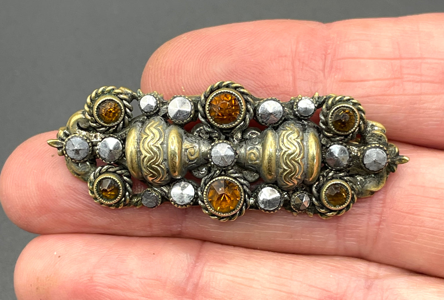 Vintage Art Deco Czech Neiger Brothers, Max Neiger gold tone petite brooch with faux marcasite stones and citrine coloured rhinestones