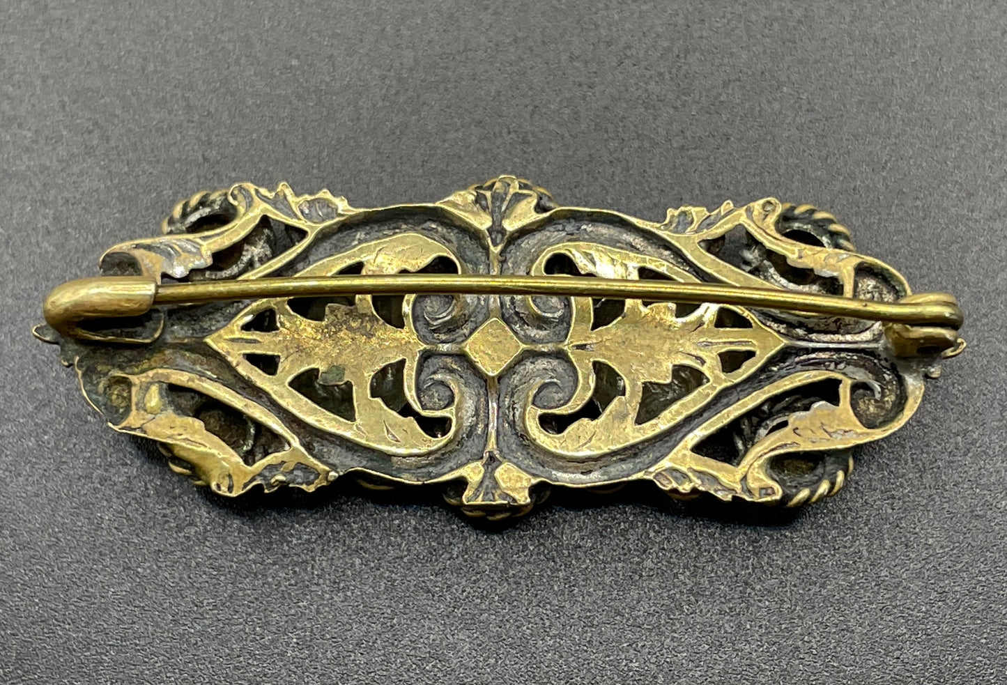 Vintage Art Deco Czech Neiger Brothers, Max Neiger gold tone petite brooch with faux marcasite stones and citrine coloured rhinestones