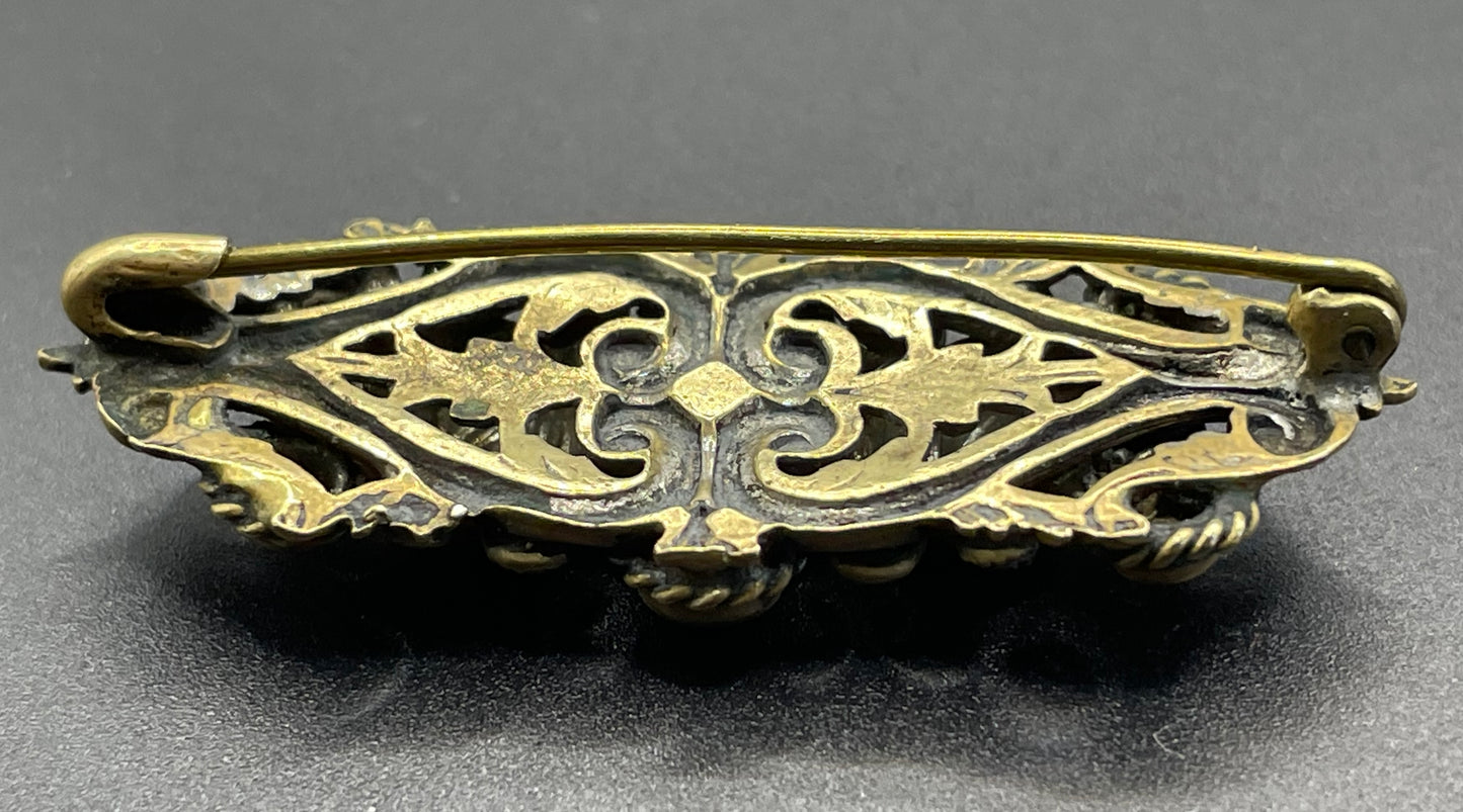 Vintage Art Deco Czech Neiger Brothers, Max Neiger gold tone petite brooch with faux marcasite stones and citrine coloured rhinestones