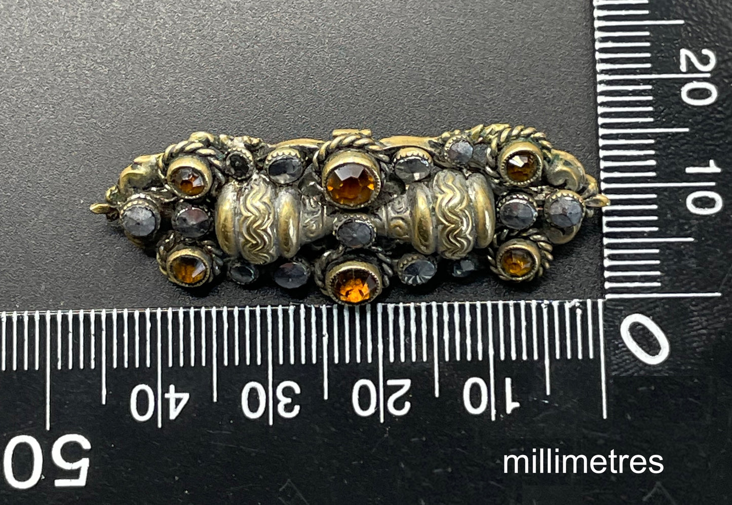 Vintage Art Deco Czech Neiger Brothers, Max Neiger gold tone petite brooch with faux marcasite stones and citrine coloured rhinestones