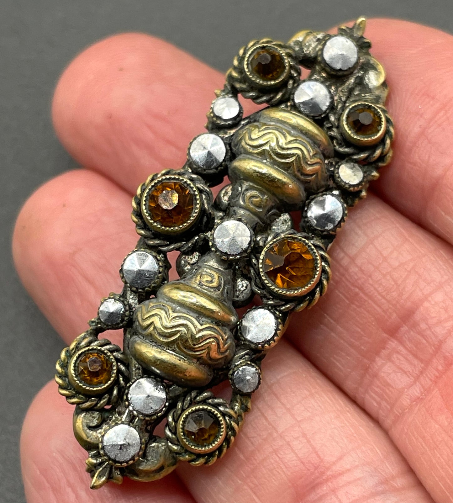 Vintage Art Deco Czech Neiger Brothers, Max Neiger gold tone petite brooch with faux marcasite stones and citrine coloured rhinestones