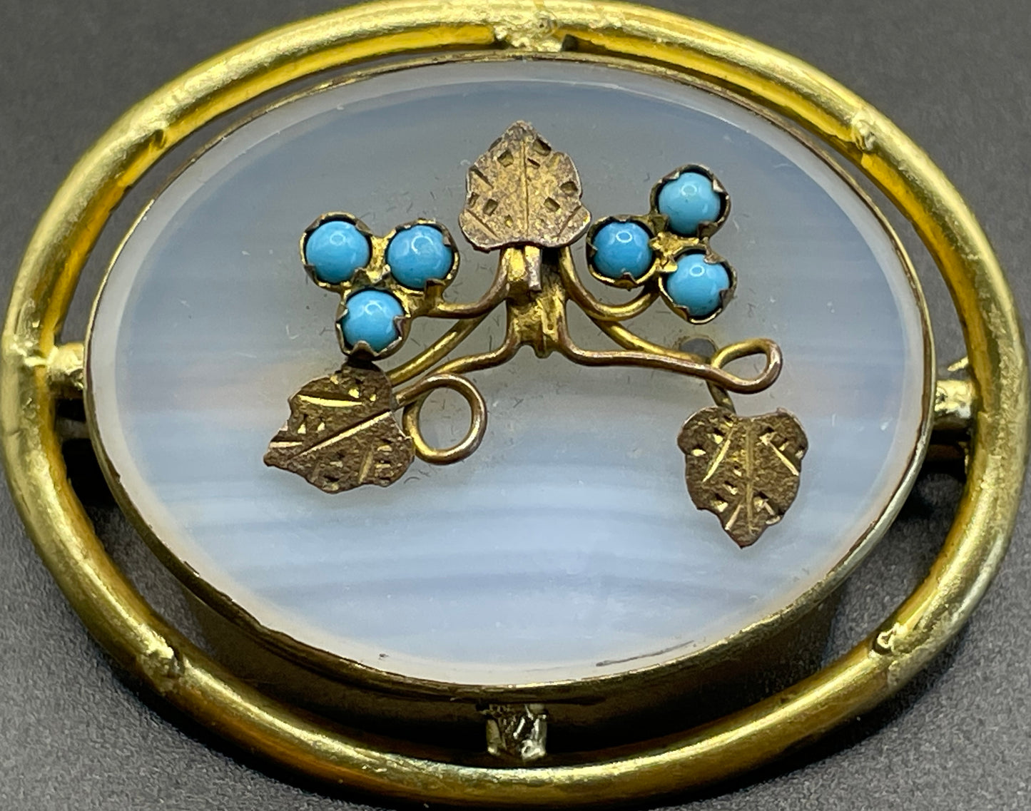 Antique Victorian chalcedony and turquoise pinchbeck or gilt / rolled gold / gold plated brooch, delicate floral leaf design