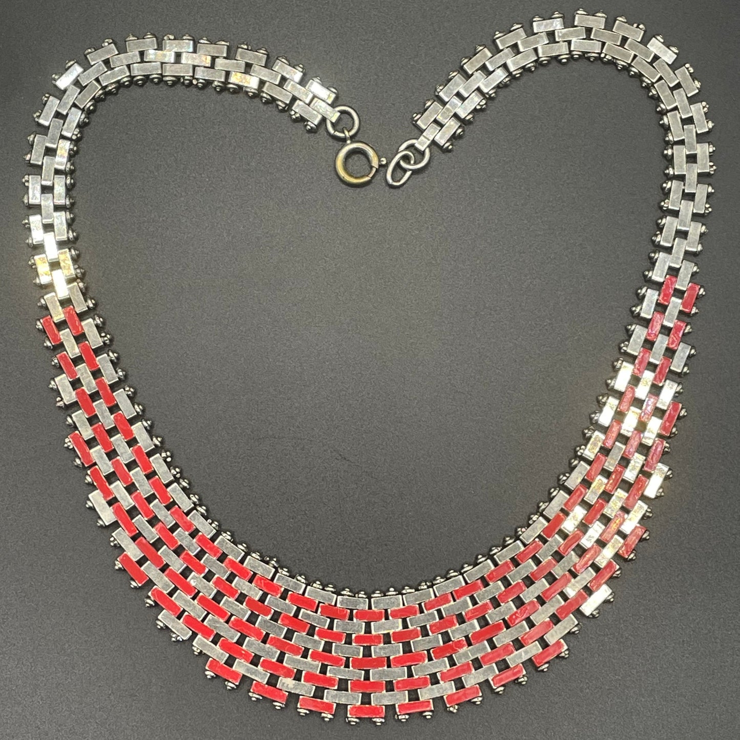 Vintage Jakob Bengel Art Deco brickwork / mauerwerk machine age shiny chrome silver tone necklace, red enamel embellishments