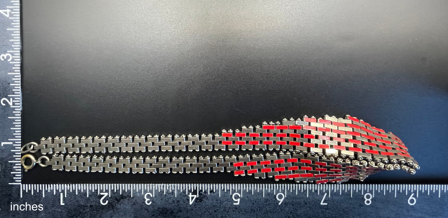 Vintage Jakob Bengel Art Deco brickwork / mauerwerk machine age shiny chrome silver tone necklace, red enamel embellishments