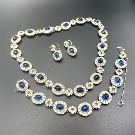 Vintage signed Ciner sapphire blue cabochon and clear rhinestone choker necklace, bracelet and dangle earrings for pierced ears