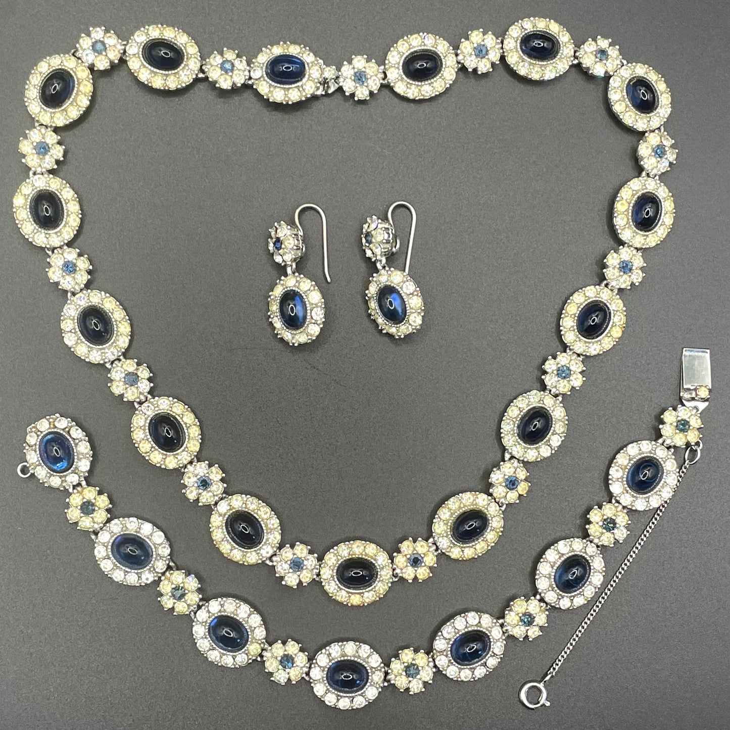 Vintage signed Ciner sapphire blue cabochon and clear rhinestone choker necklace, bracelet and dangle earrings for pierced ears