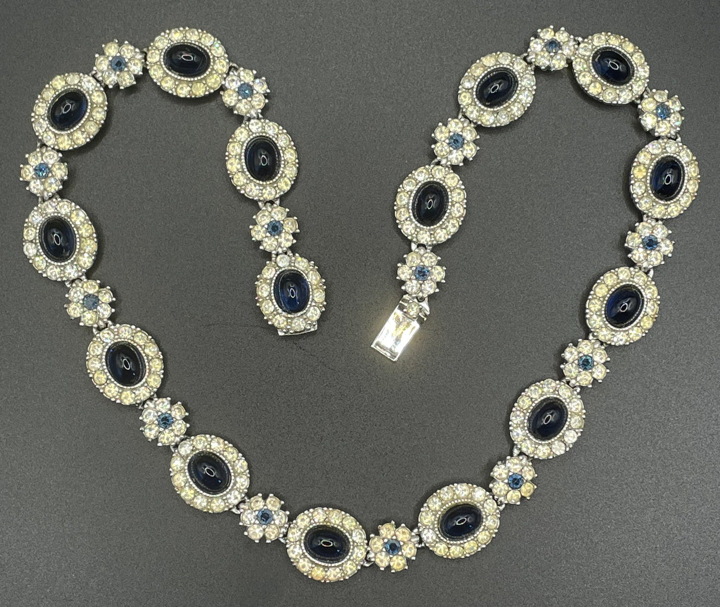 Vintage signed Ciner sapphire blue cabochon and clear rhinestone choker necklace, bracelet and dangle earrings for pierced ears