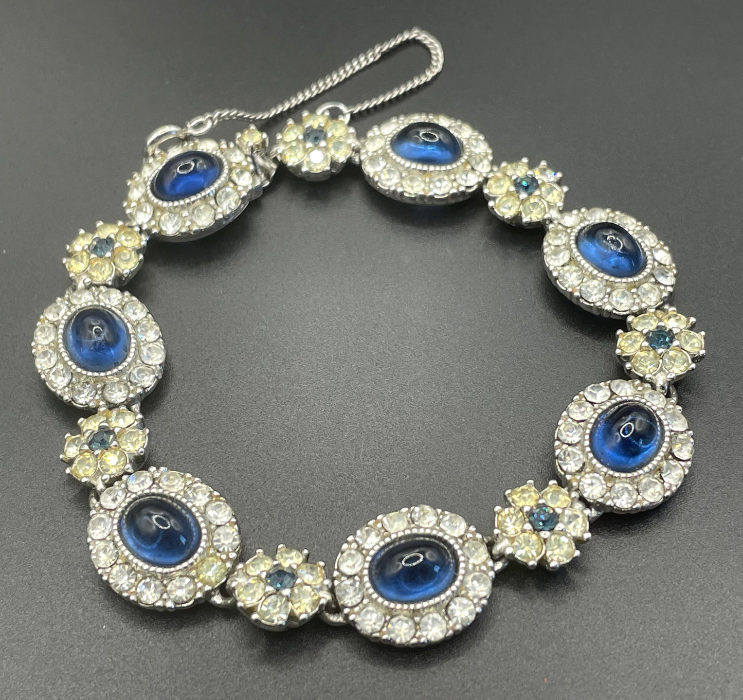Vintage signed Ciner sapphire blue cabochon and clear rhinestone choker necklace, bracelet and dangle earrings for pierced ears