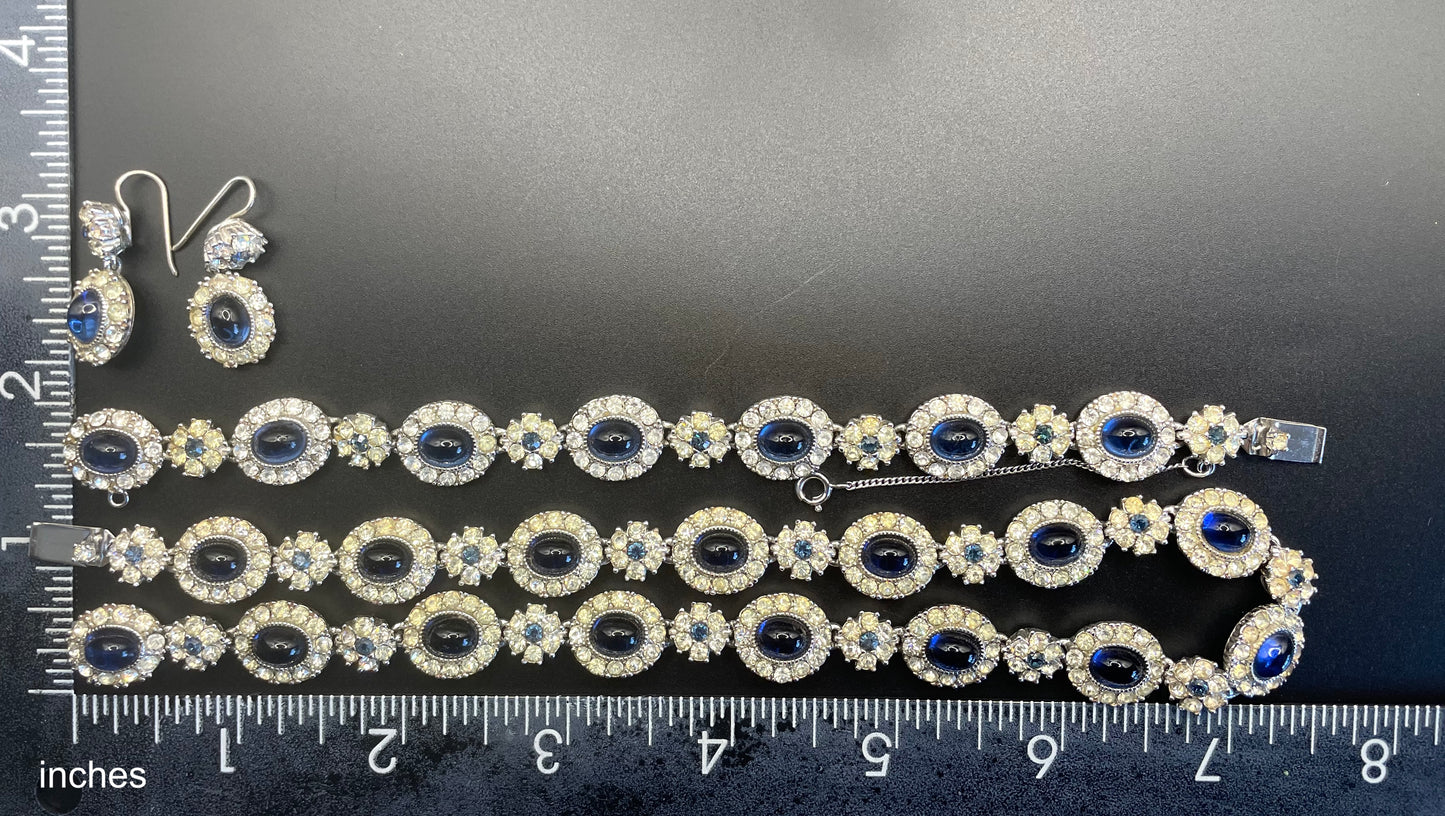 Vintage signed Ciner sapphire blue cabochon and clear rhinestone choker necklace, bracelet and dangle earrings for pierced ears