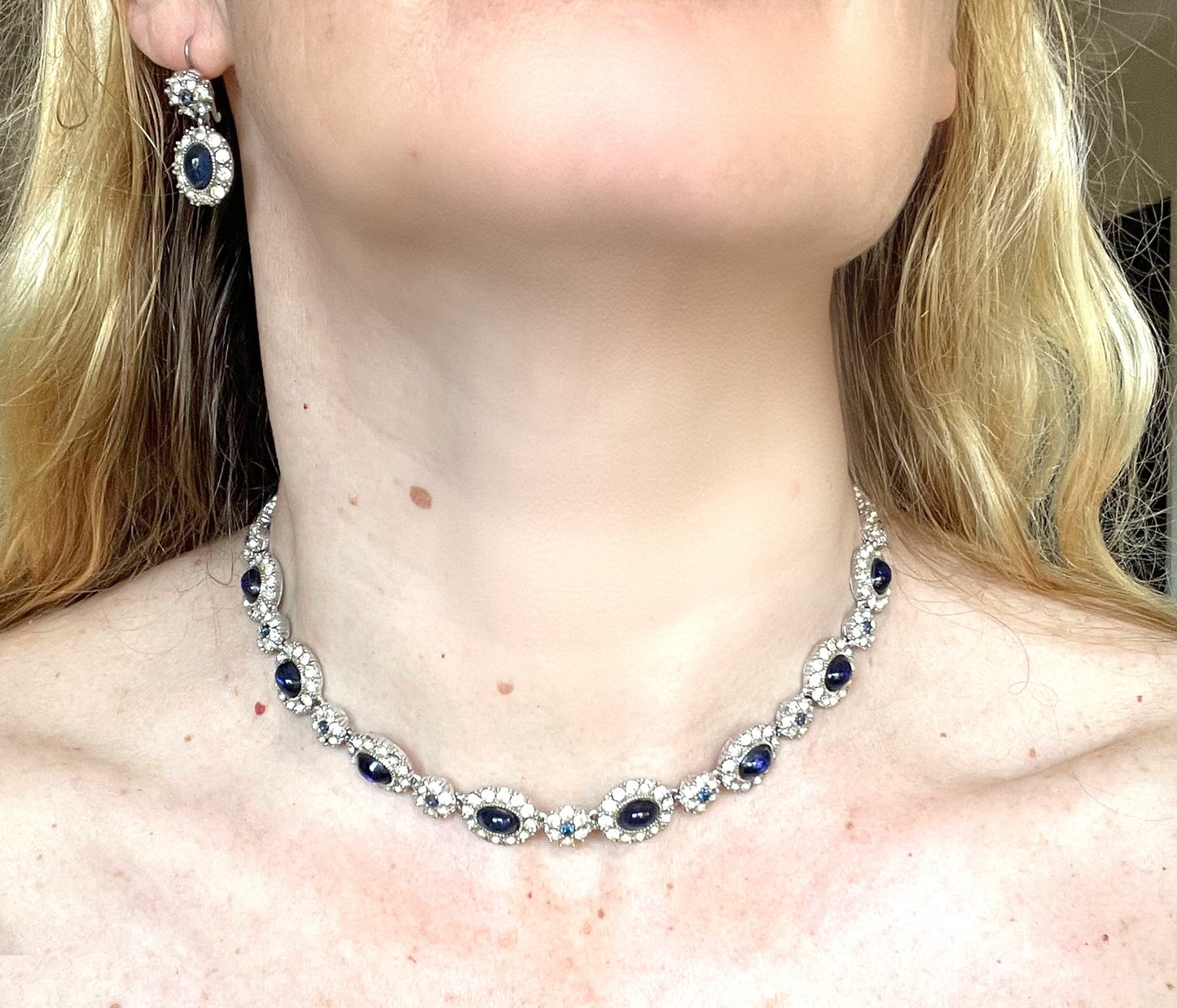 Vintage signed Ciner sapphire blue cabochon and clear rhinestone choker necklace, bracelet and dangle earrings for pierced ears