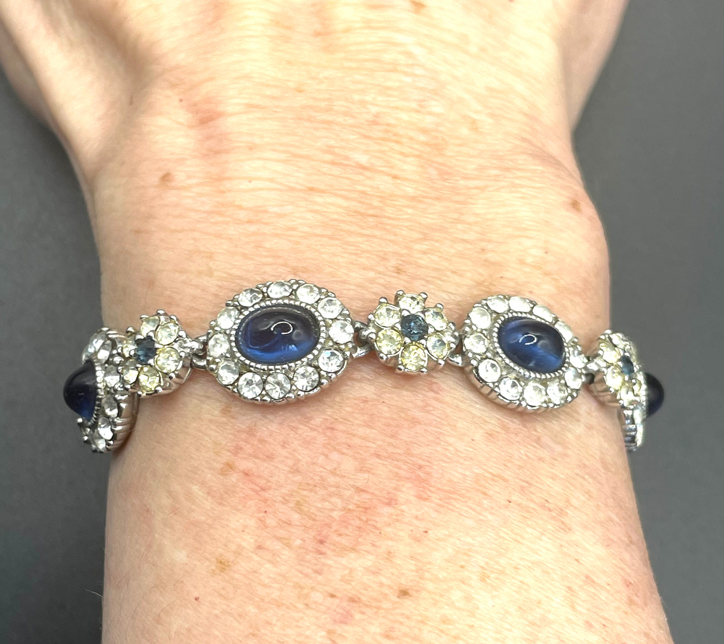 Vintage signed Ciner sapphire blue cabochon and clear rhinestone choker necklace, bracelet and dangle earrings for pierced ears