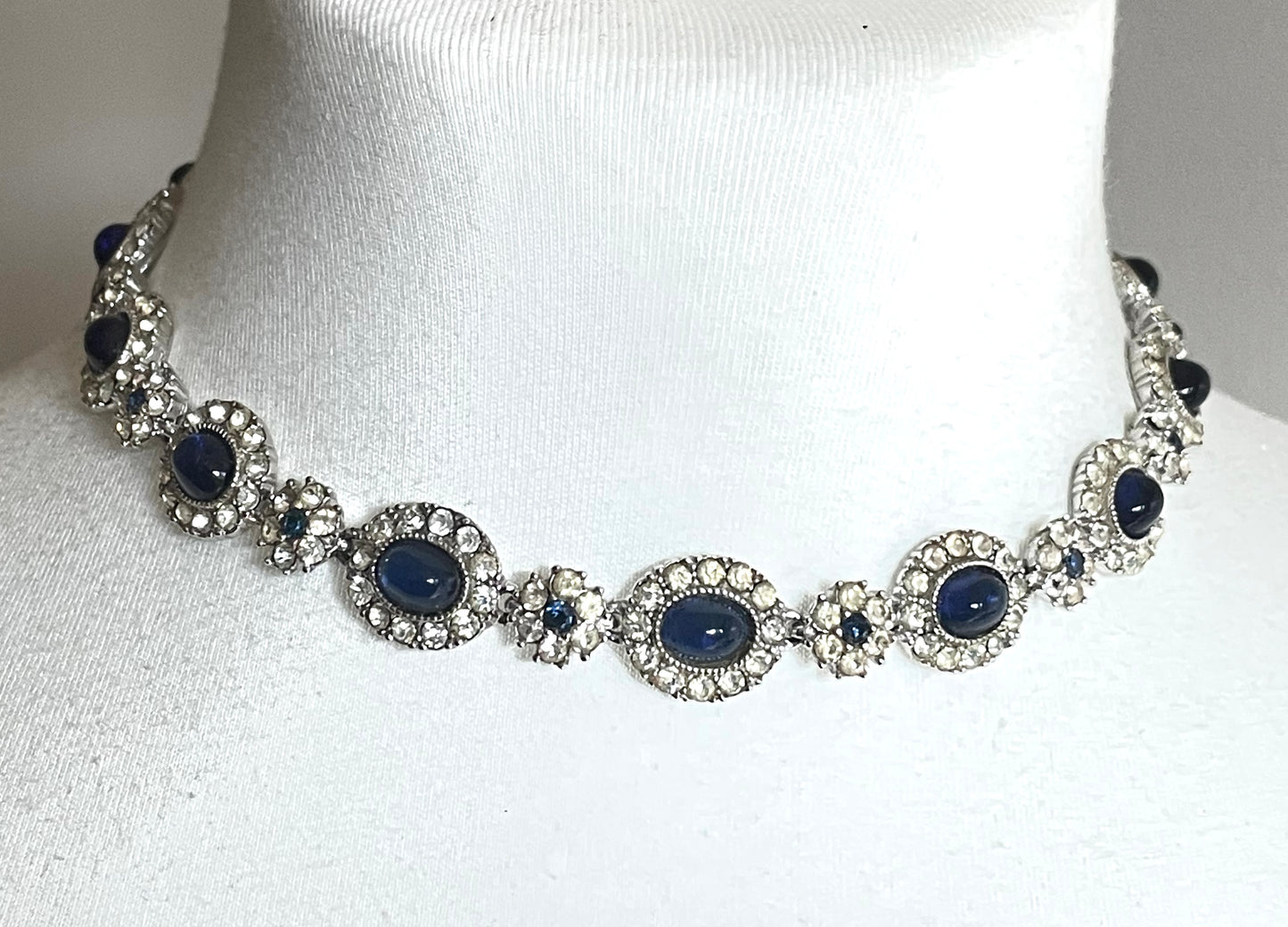 Vintage signed Ciner sapphire blue cabochon and clear rhinestone choker necklace, bracelet and dangle earrings for pierced ears