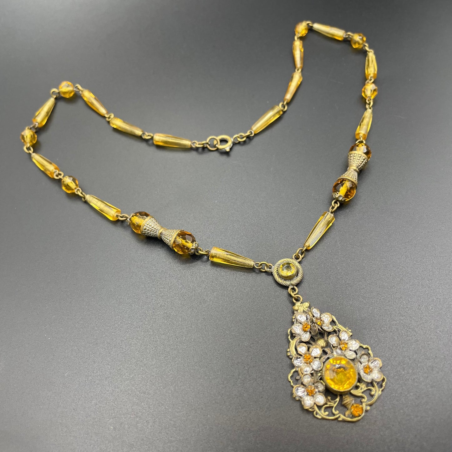 Vintage Neiger pendant necklace - citrine yellow rhinestones and faceted beads with pretty floral design