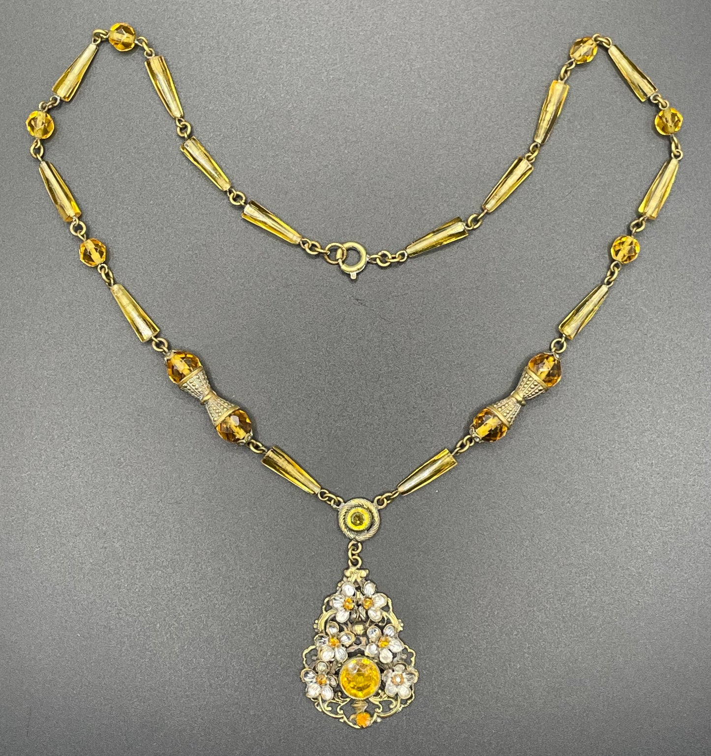 Vintage Neiger pendant necklace - citrine yellow rhinestones and faceted beads with pretty floral design