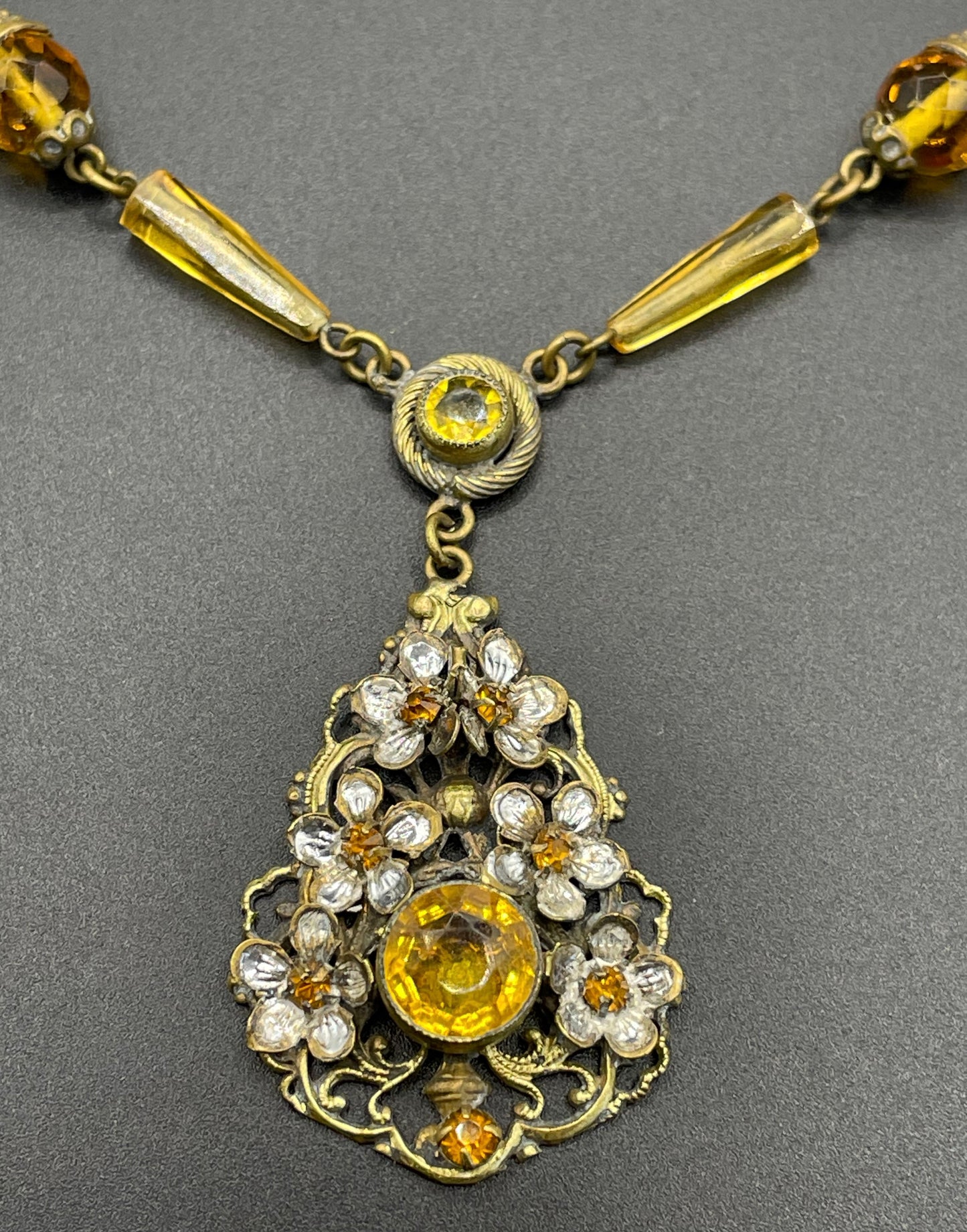 Vintage Neiger pendant necklace - citrine yellow rhinestones and faceted beads with pretty floral design