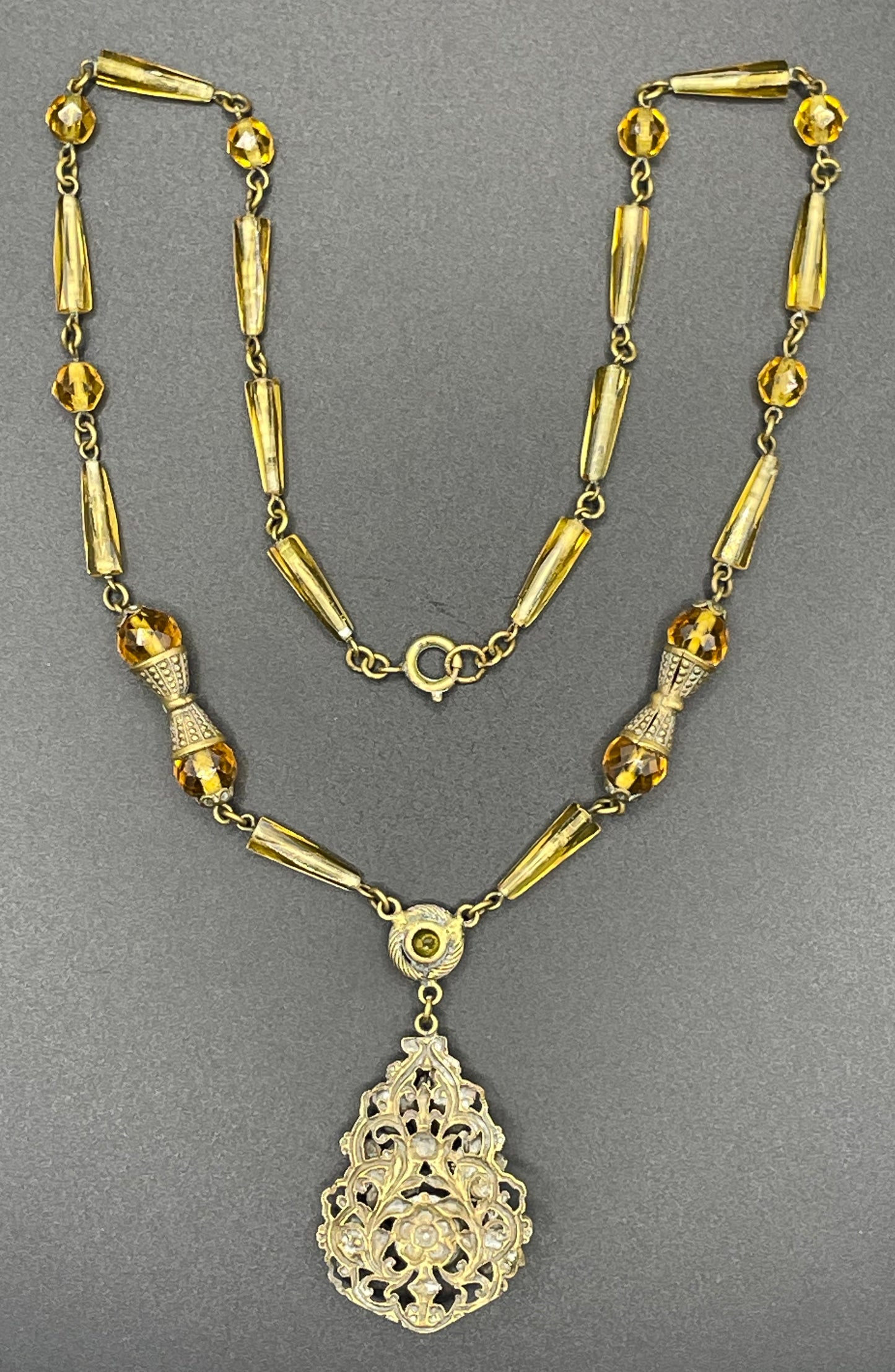 Vintage Neiger pendant necklace - citrine yellow rhinestones and faceted beads with pretty floral design