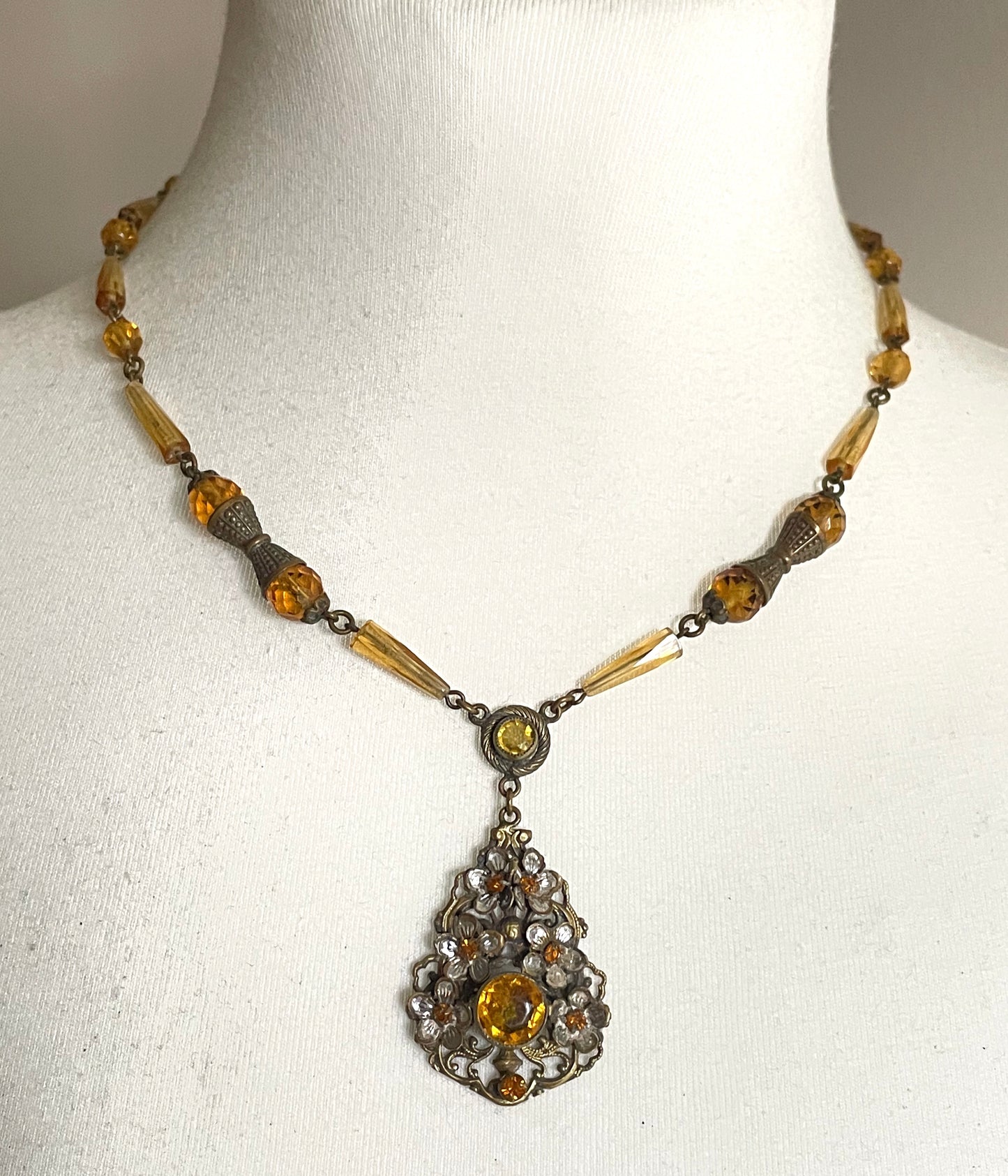 Vintage Neiger pendant necklace - citrine yellow rhinestones and faceted beads with pretty floral design
