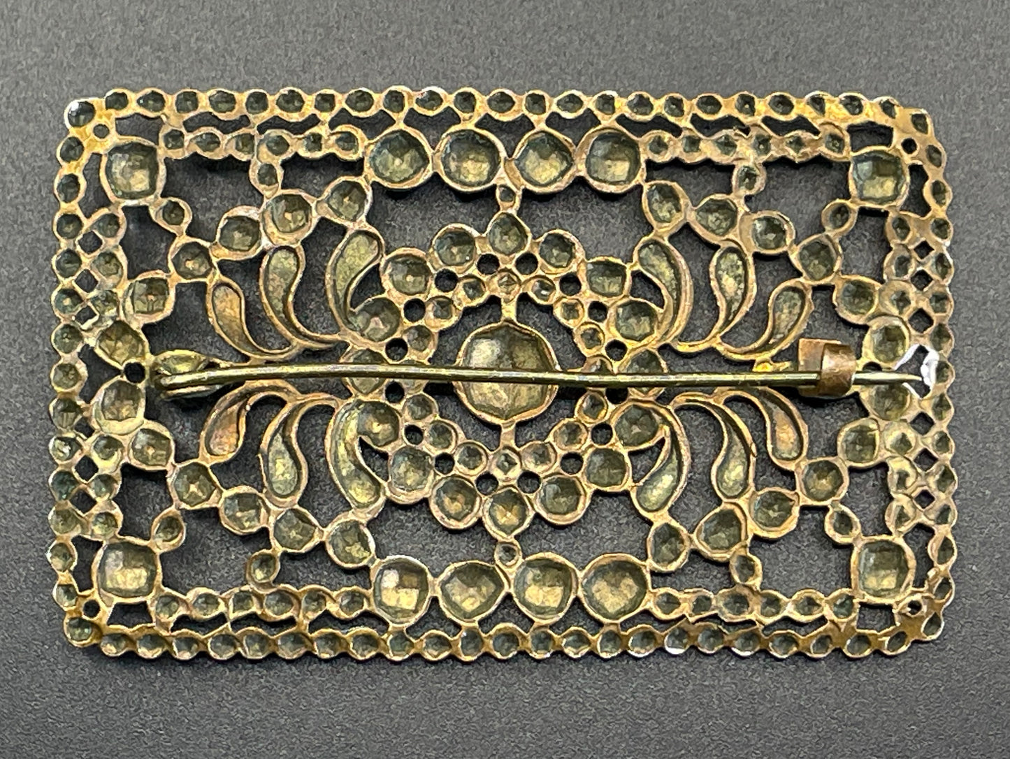 Antique Georgian faceted cut steel effect on brass brooch, rectangular shaped, beautifully ornate sparkly piece
