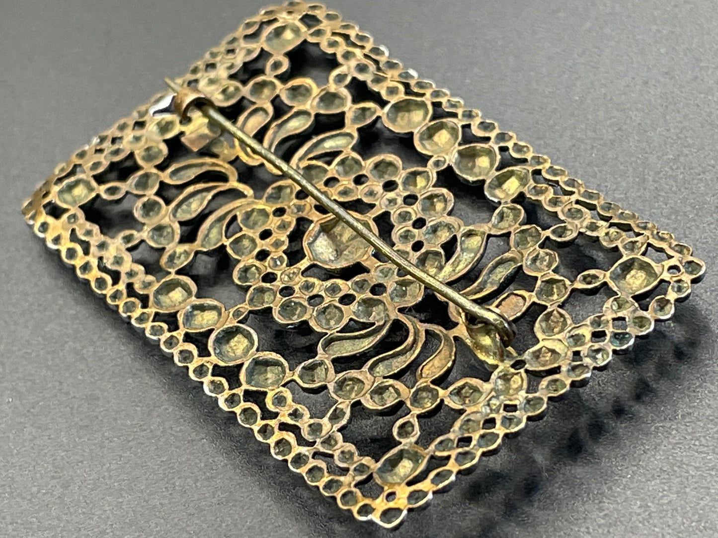 Antique Georgian faceted cut steel effect on brass brooch, rectangular shaped, beautifully ornate sparkly piece