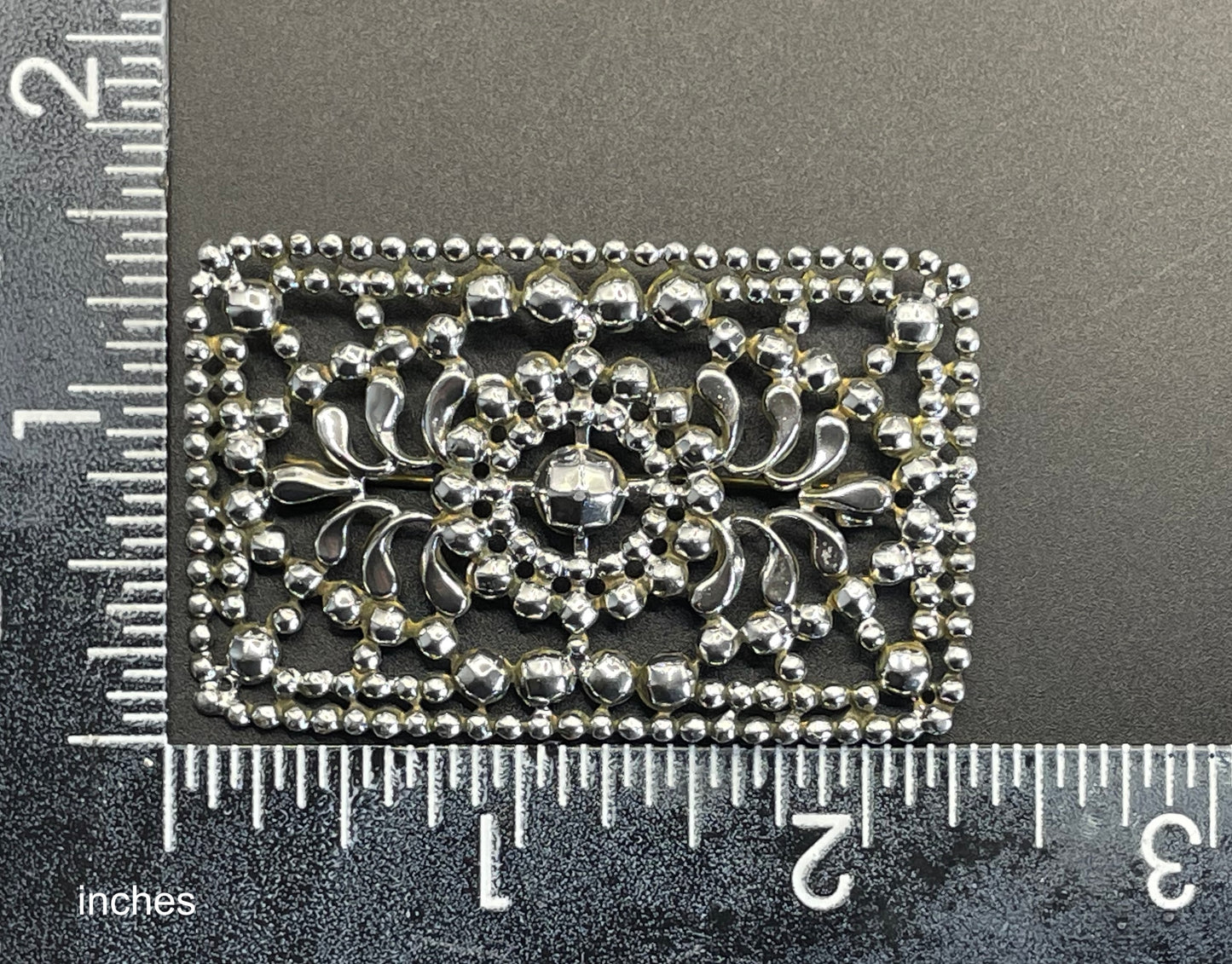 Antique Georgian faceted cut steel effect on brass brooch, rectangular shaped, beautifully ornate sparkly piece
